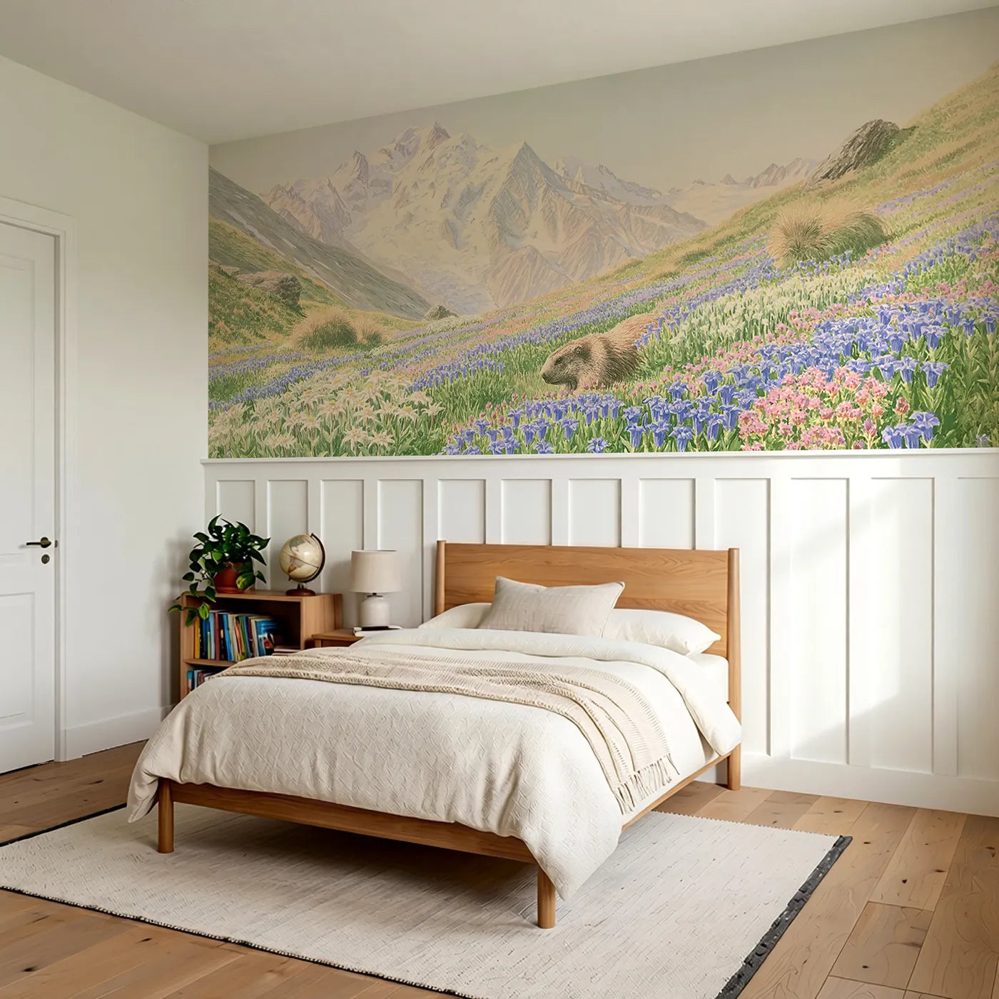 The Alpine Flower Meadow Wainscoting Wallpaper styled in a kids room by Whimsy Tots