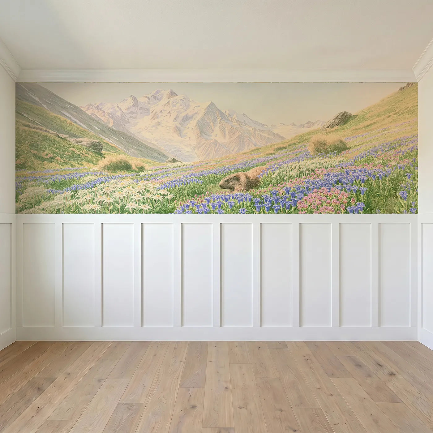 Full panel view of The Alpine Flower Meadow Wainscoting Wallpaper by Whimsy Tots