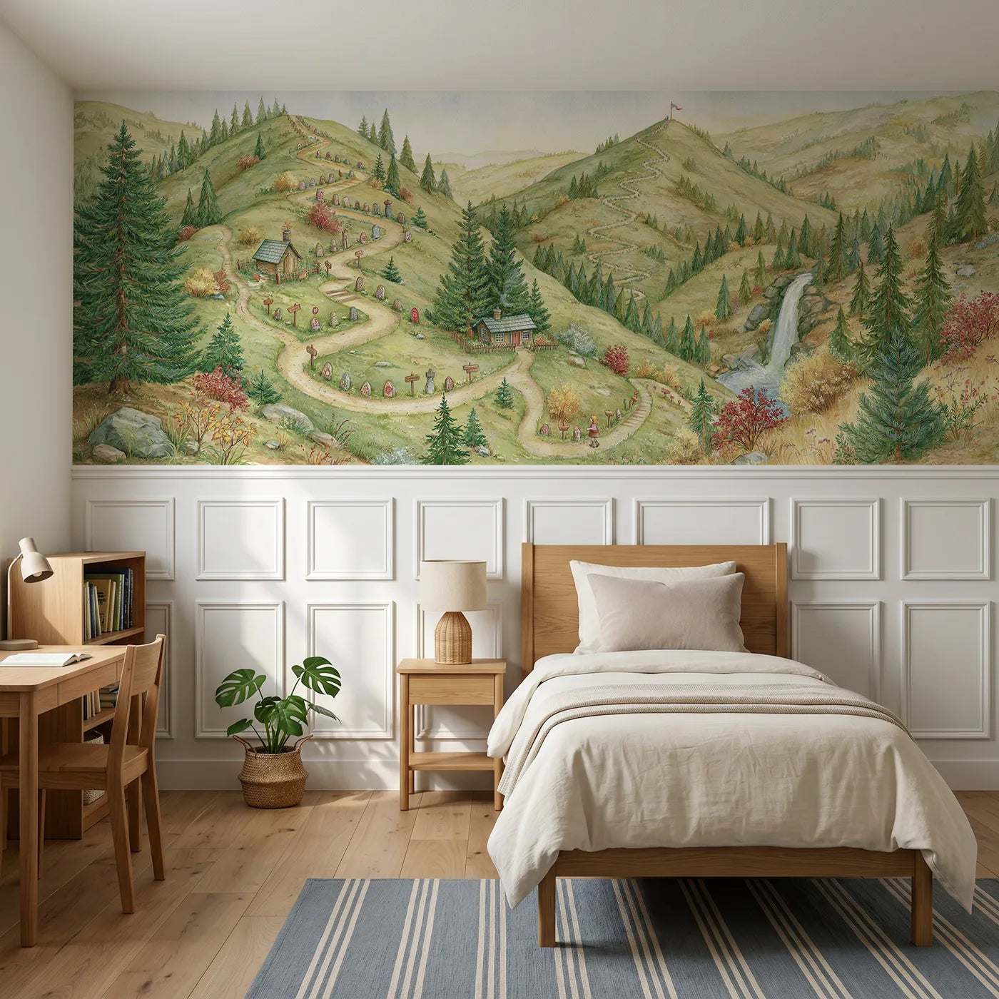 Storybook wainscoting wallpaper of the mountain trail adventure map by Whimsy Tots