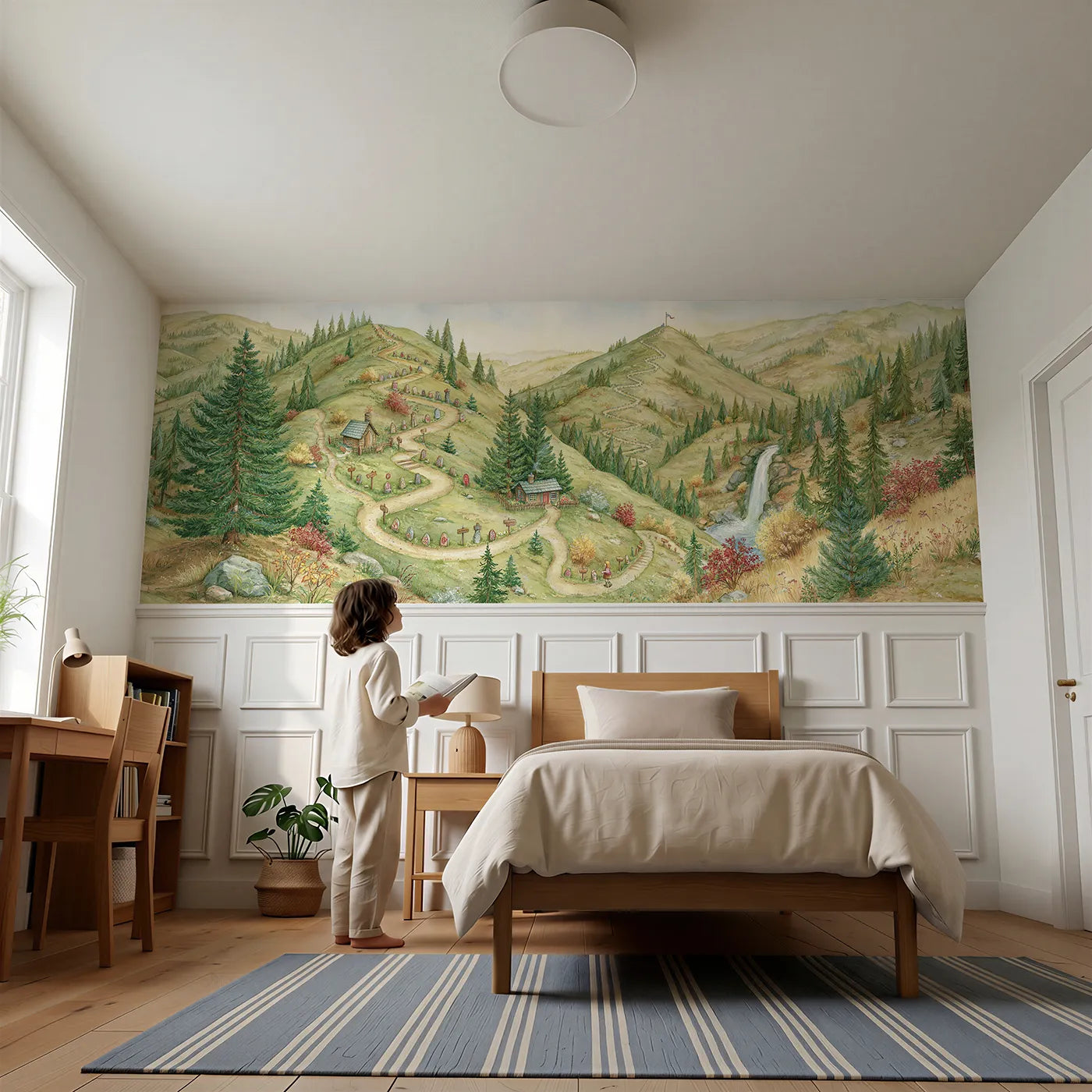 Child reading near Mountain Trail Adventure Map Wainscoting Wallpaper by Whimsy Tots