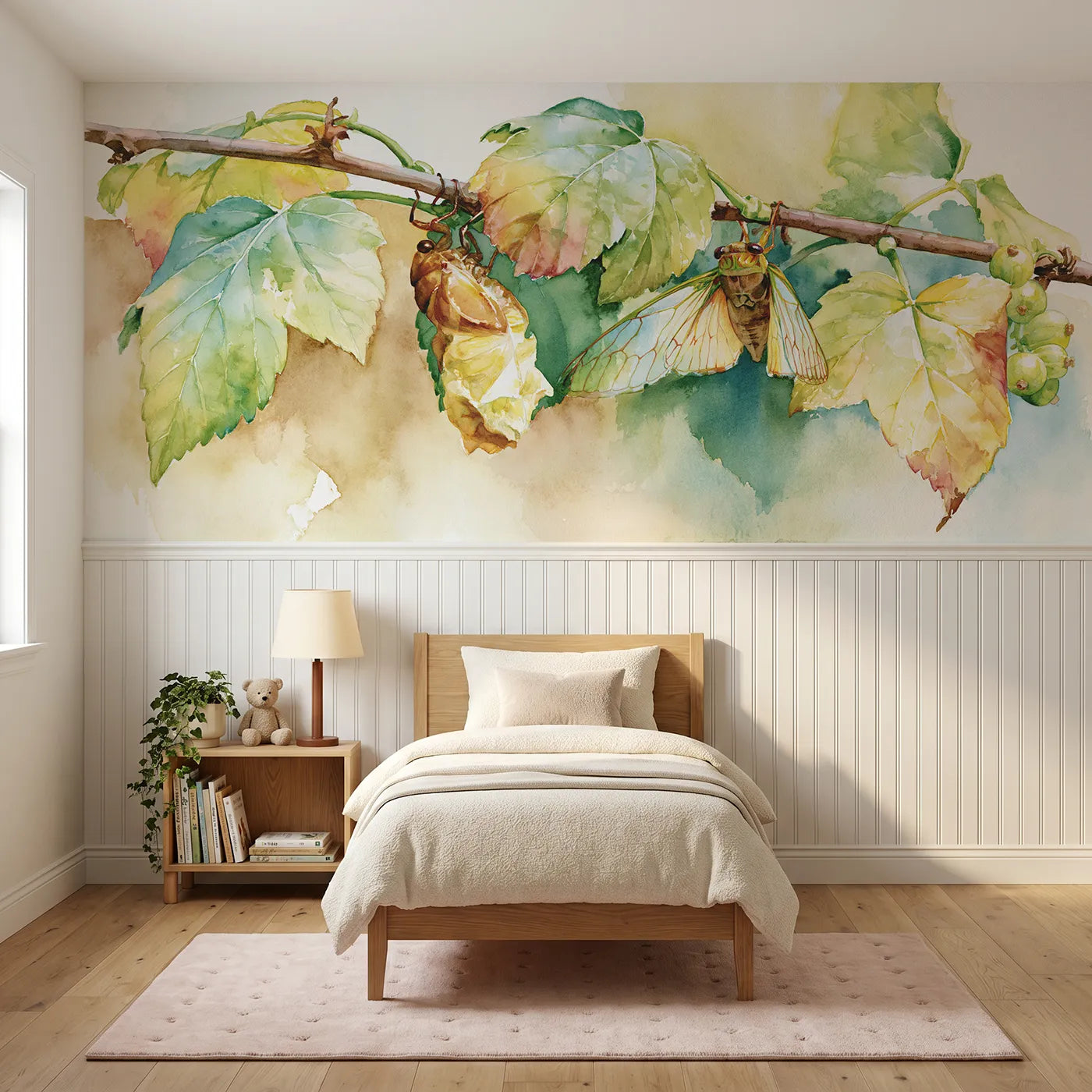 Watercolor wainscoting wallpaper of new wings drying by Whimsy Tots