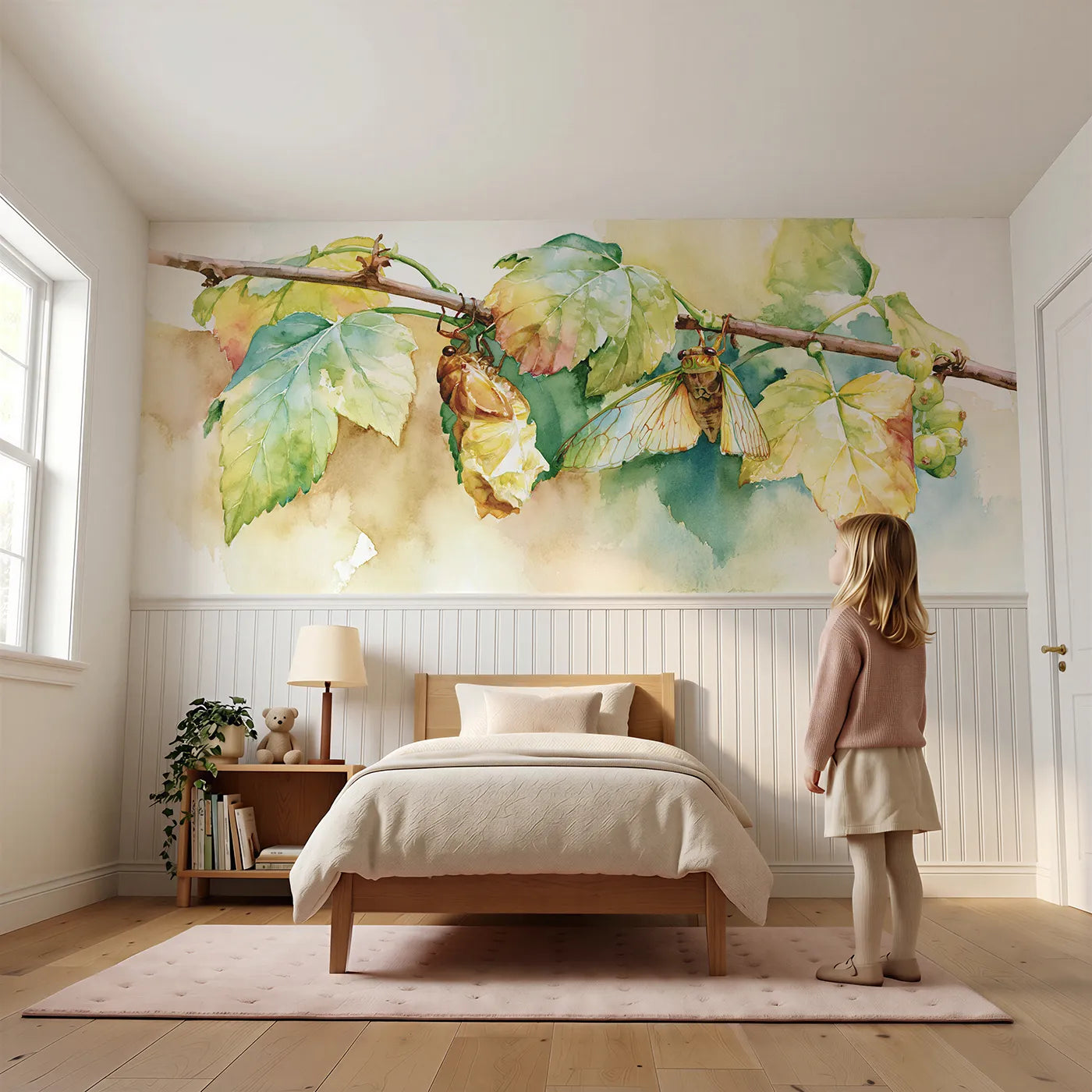 Child reading near New Wings Drying Wainscoting Wallpaper by Whimsy Tots