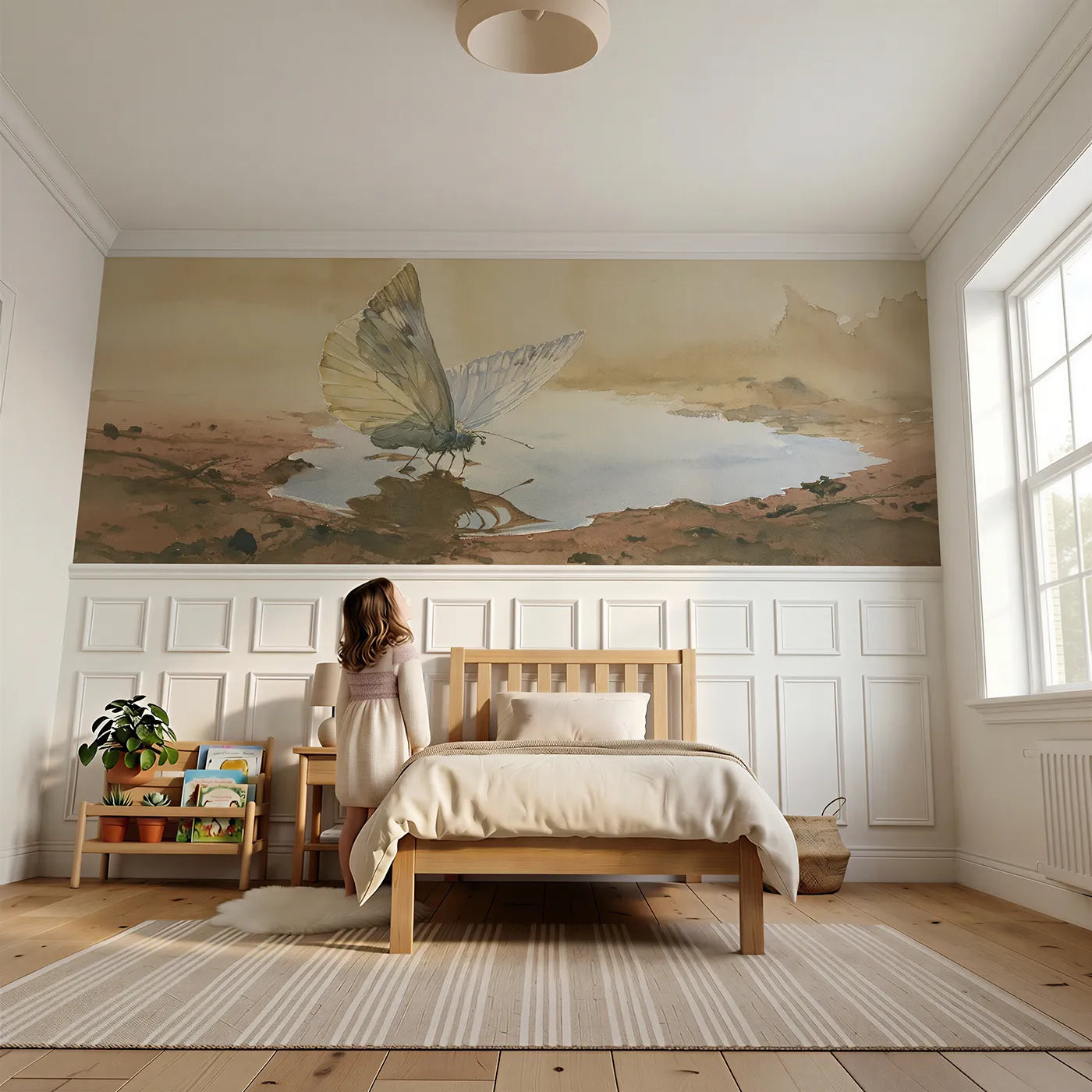 Child reading near Drinking At The Puddle Wainscoting Wallpaper by Whimsy Tots