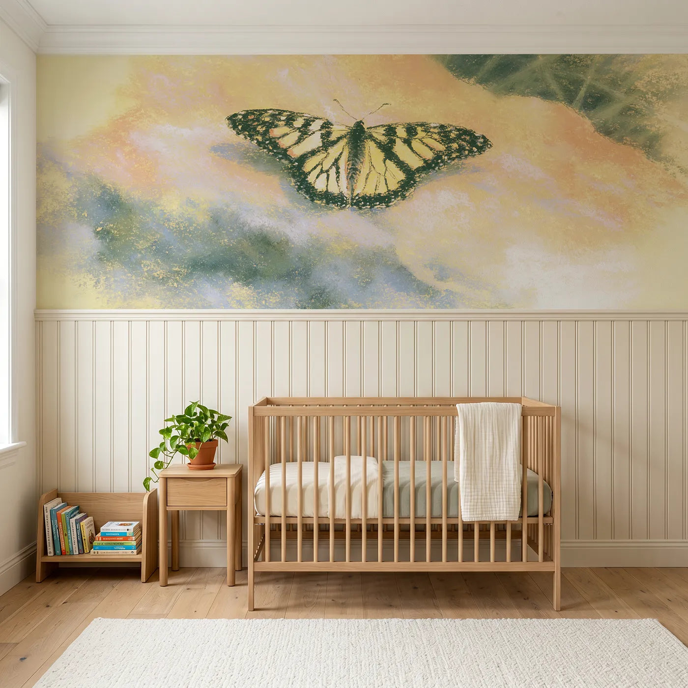 Soft pastel wainscoting wallpaper of wings open on warm stone by Whimsy Tots