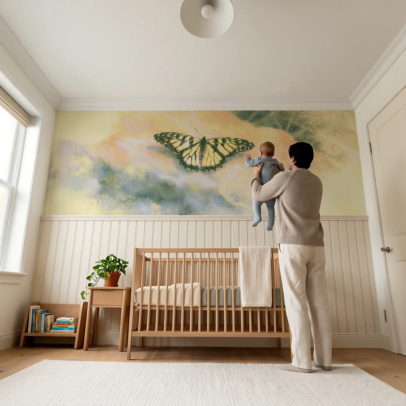 Child reading near Wings Open On Warm Stone Wainscoting Wallpaper by Whimsy Tots