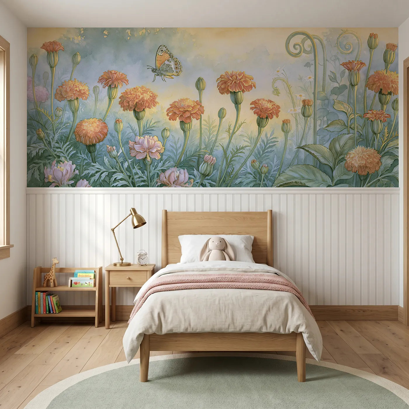 Storybook wainscoting wallpaper of the mornings first butterfly by Whimsy Tots