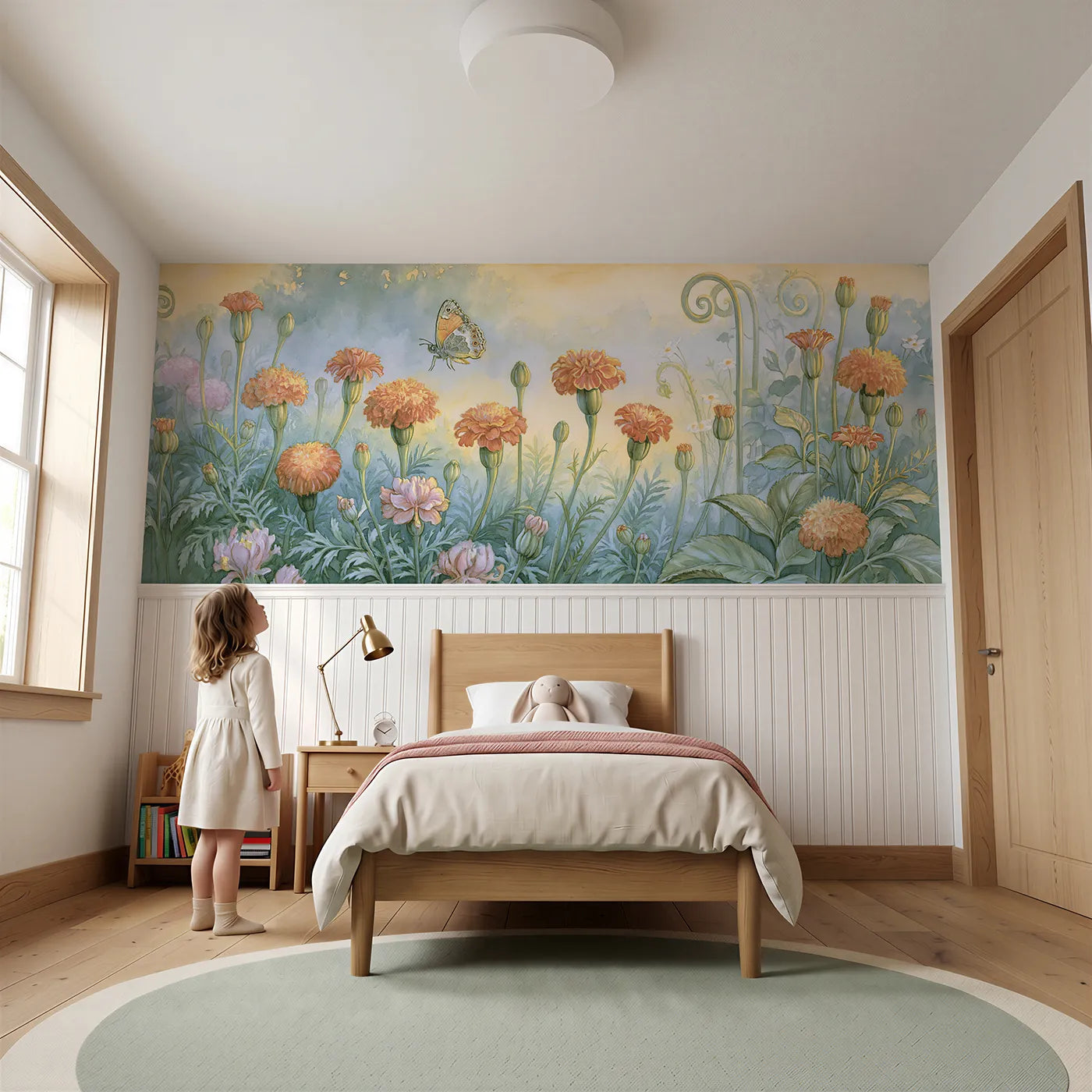Child reading near The Mornings First Butterfly Wainscoting Wallpaper by Whimsy Tots
