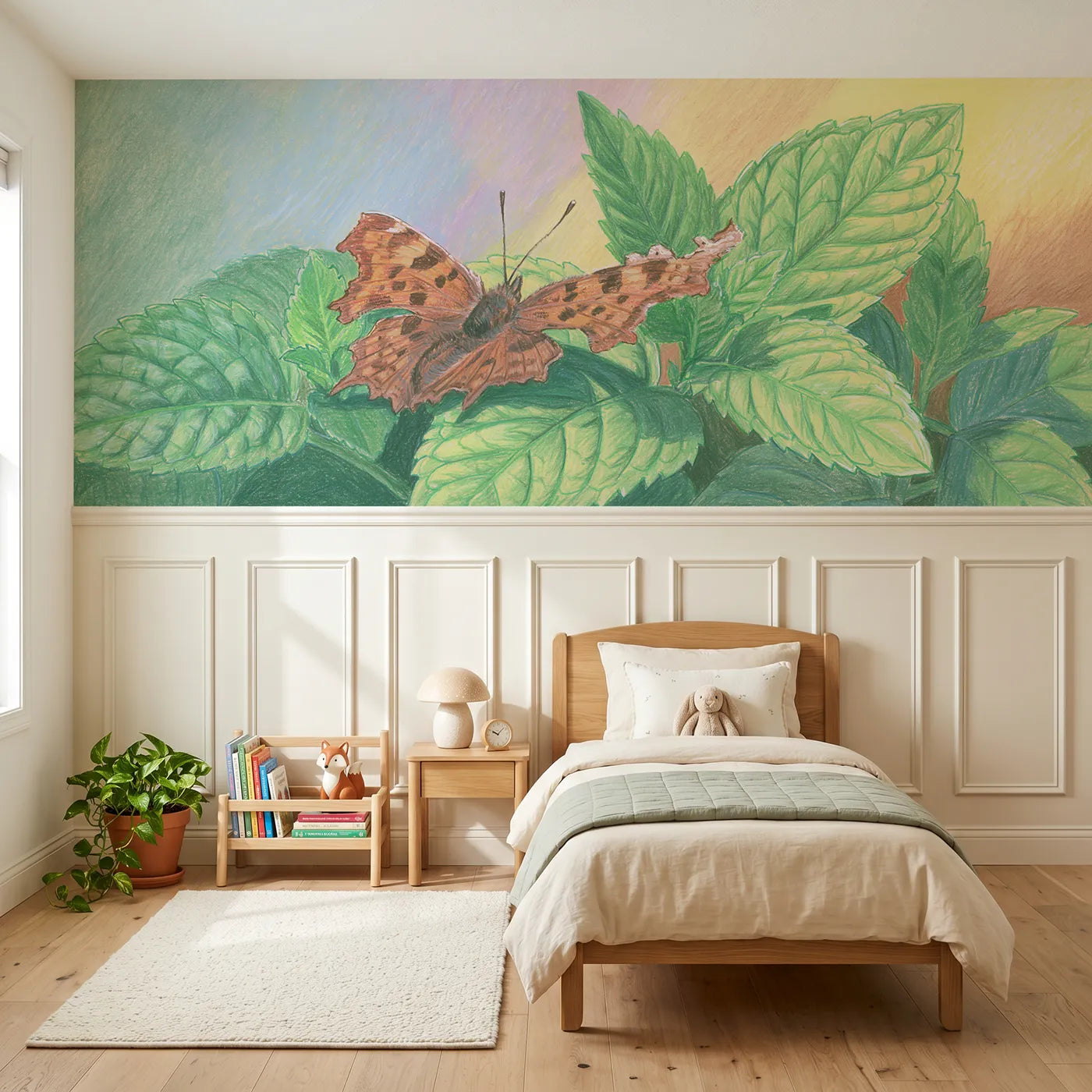 Colored pencil wainscoting wallpaper of the commas torn leaf trick by Whimsy Tots