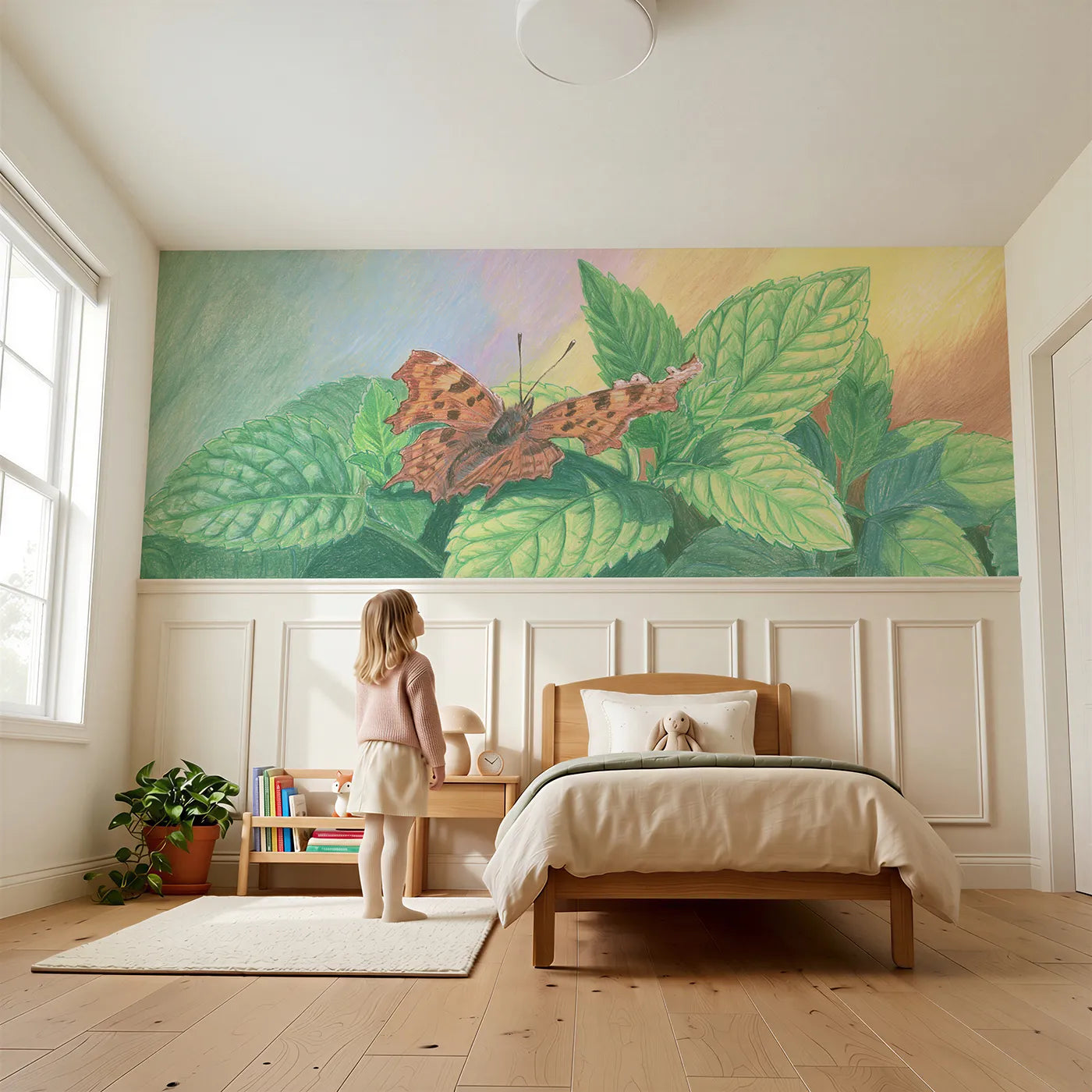 Child reading near The Commas Torn Leaf Trick Wainscoting Wallpaper by Whimsy Tots