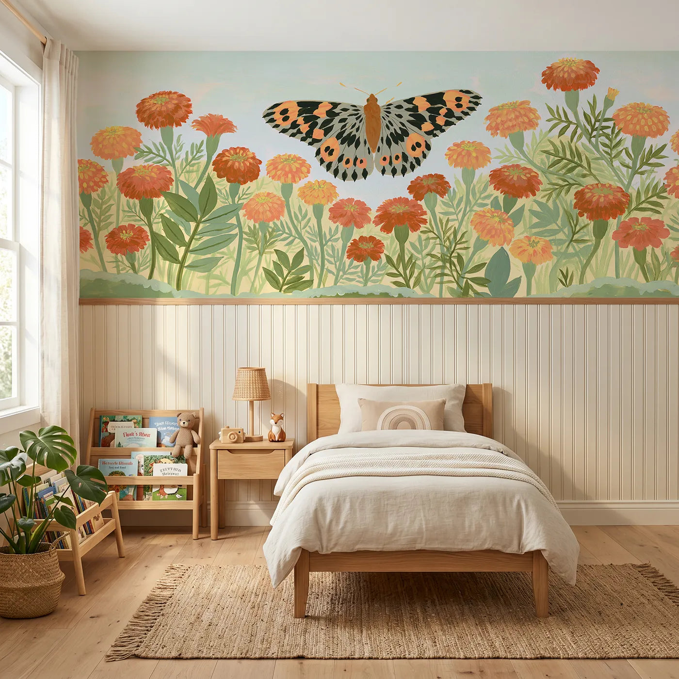 Modern illustration wainscoting wallpaper of the flat bright butterfly by Whimsy Tots