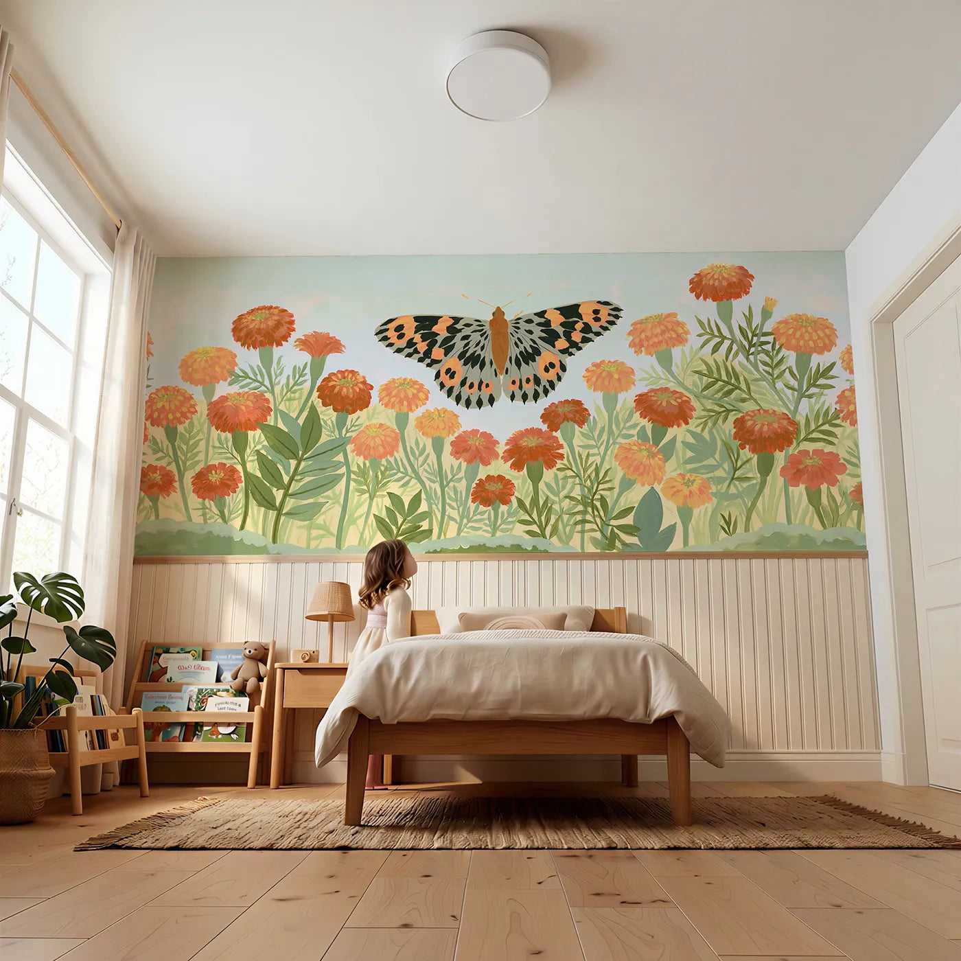 Child reading near The Flat Bright Butterfly Wainscoting Wallpaper by Whimsy Tots
