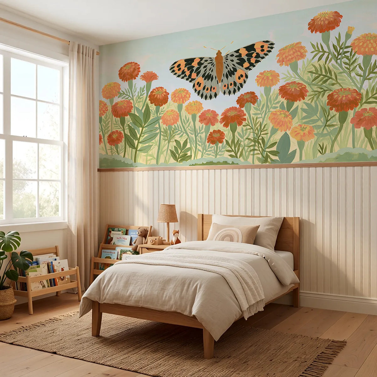 The Flat Bright Butterfly Wainscoting Wallpaper styled in a kids room by Whimsy Tots