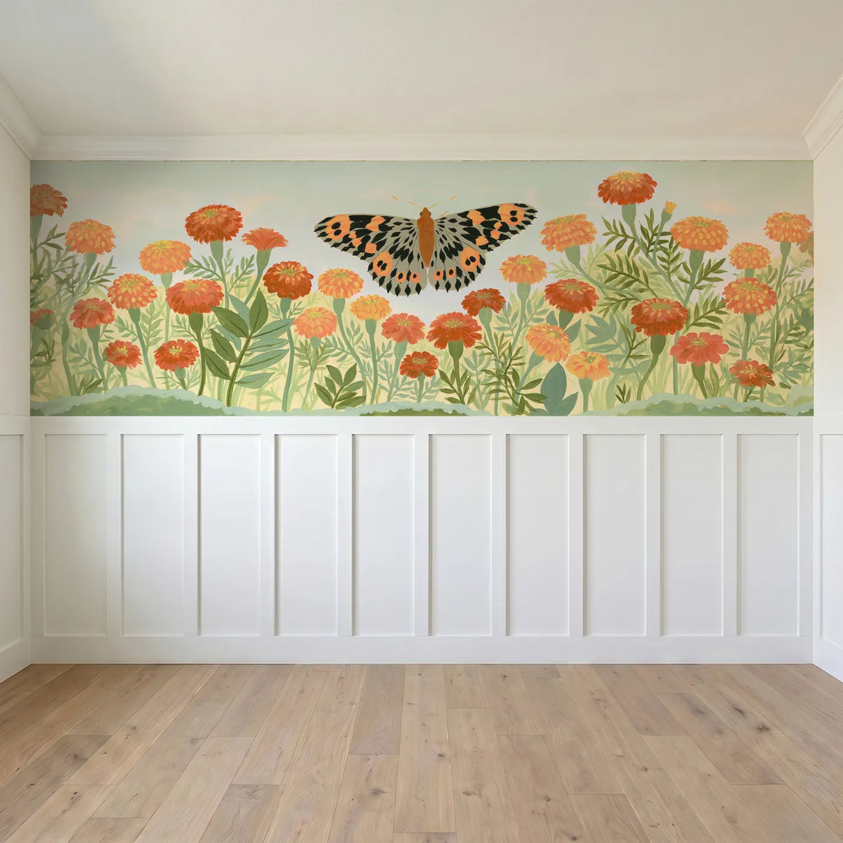 Full panel view of The Flat Bright Butterfly Wainscoting Wallpaper by Whimsy Tots