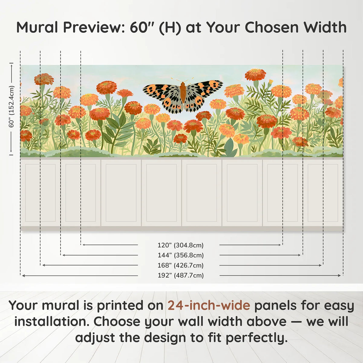 Panel dimensions for The Flat Bright Butterfly Wainscoting Wallpaper by Whimsy Tots