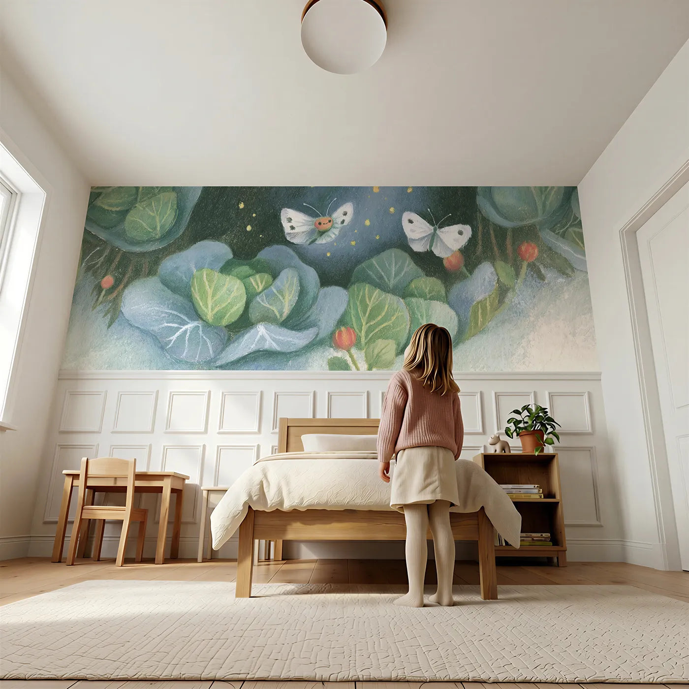 Child reading near The Spiral Up Together Wainscoting Wallpaper by Whimsy Tots