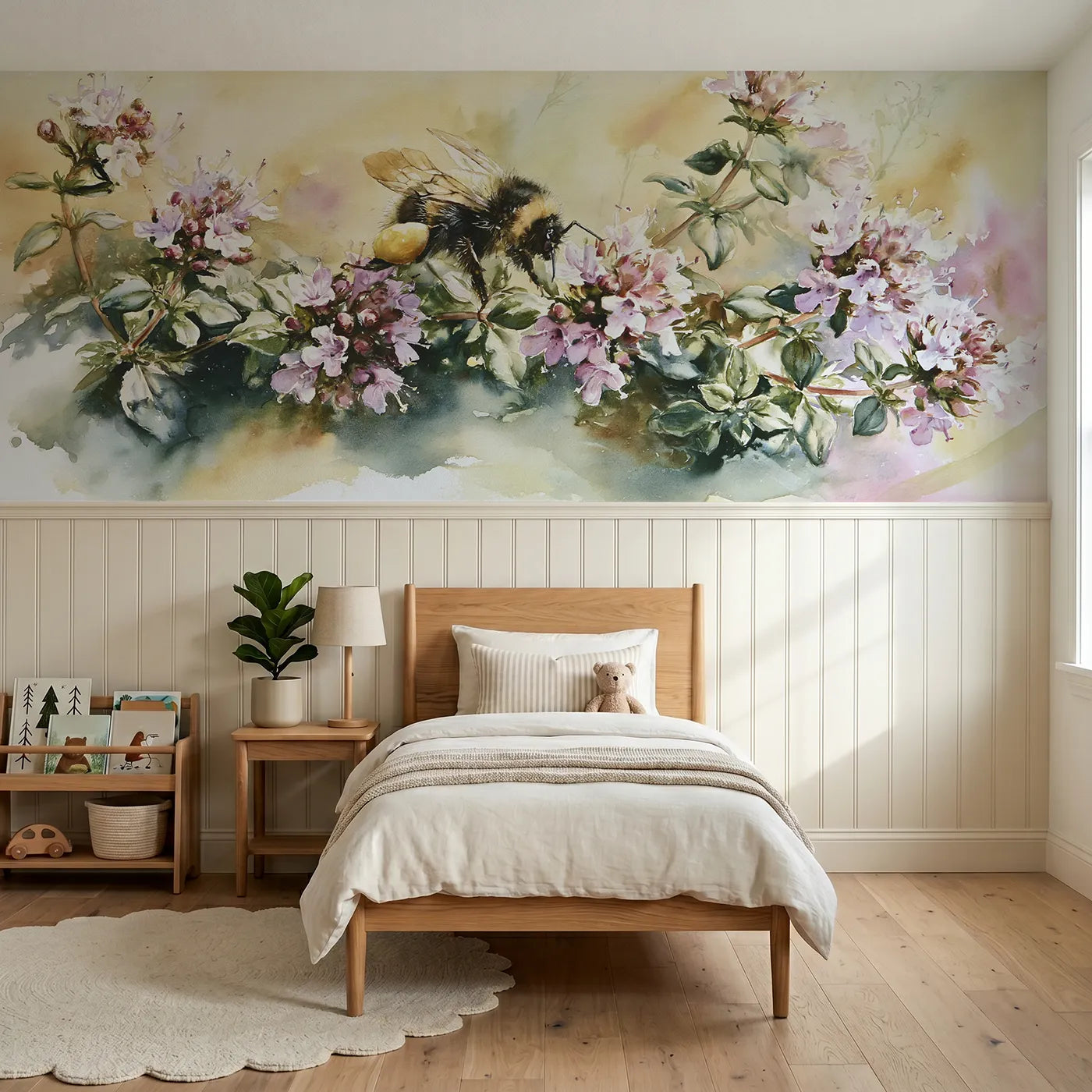 Watercolor wainscoting wallpaper of the full pollen baskets by Whimsy Tots
