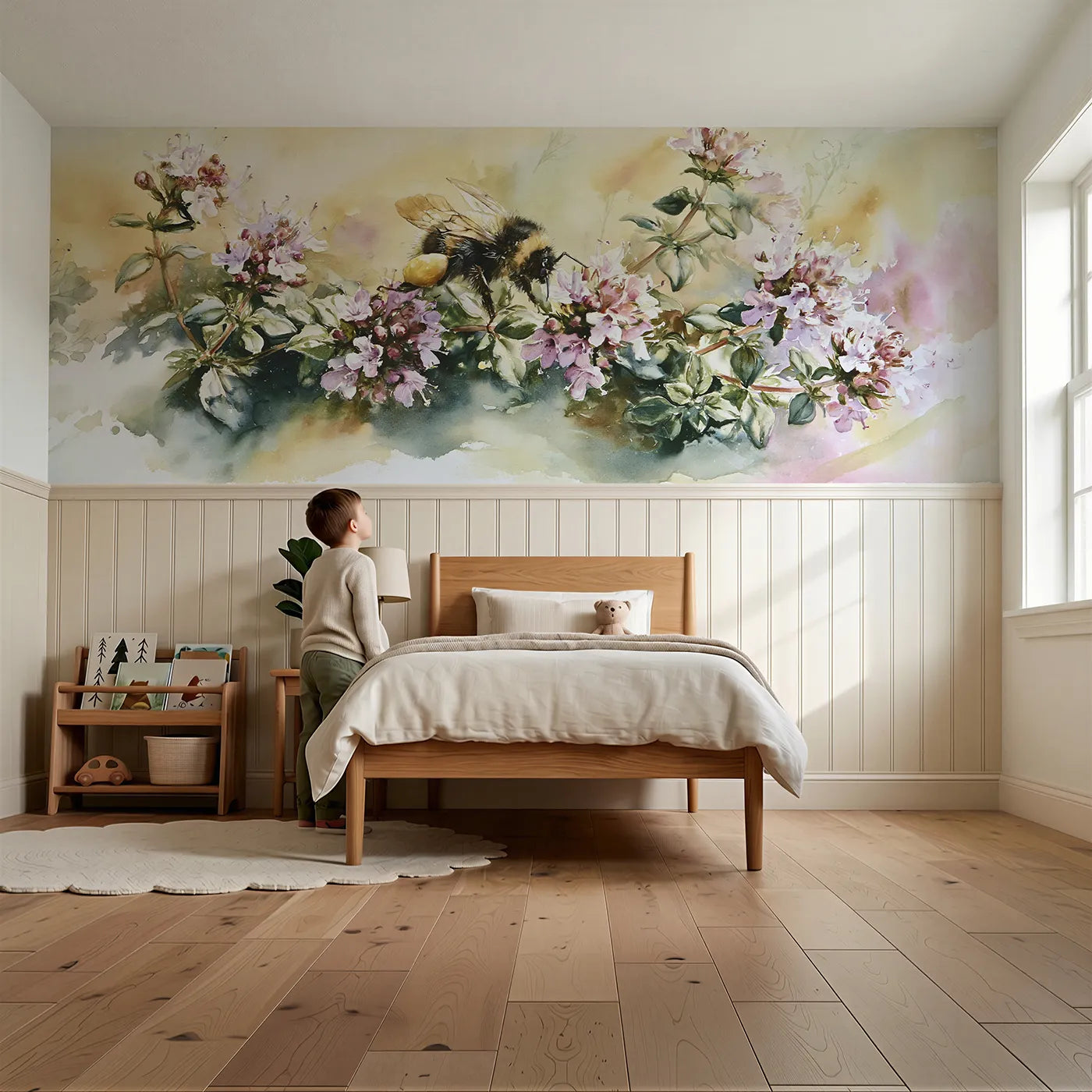 Child reading near The Full Pollen Baskets Wainscoting Wallpaper by Whimsy Tots