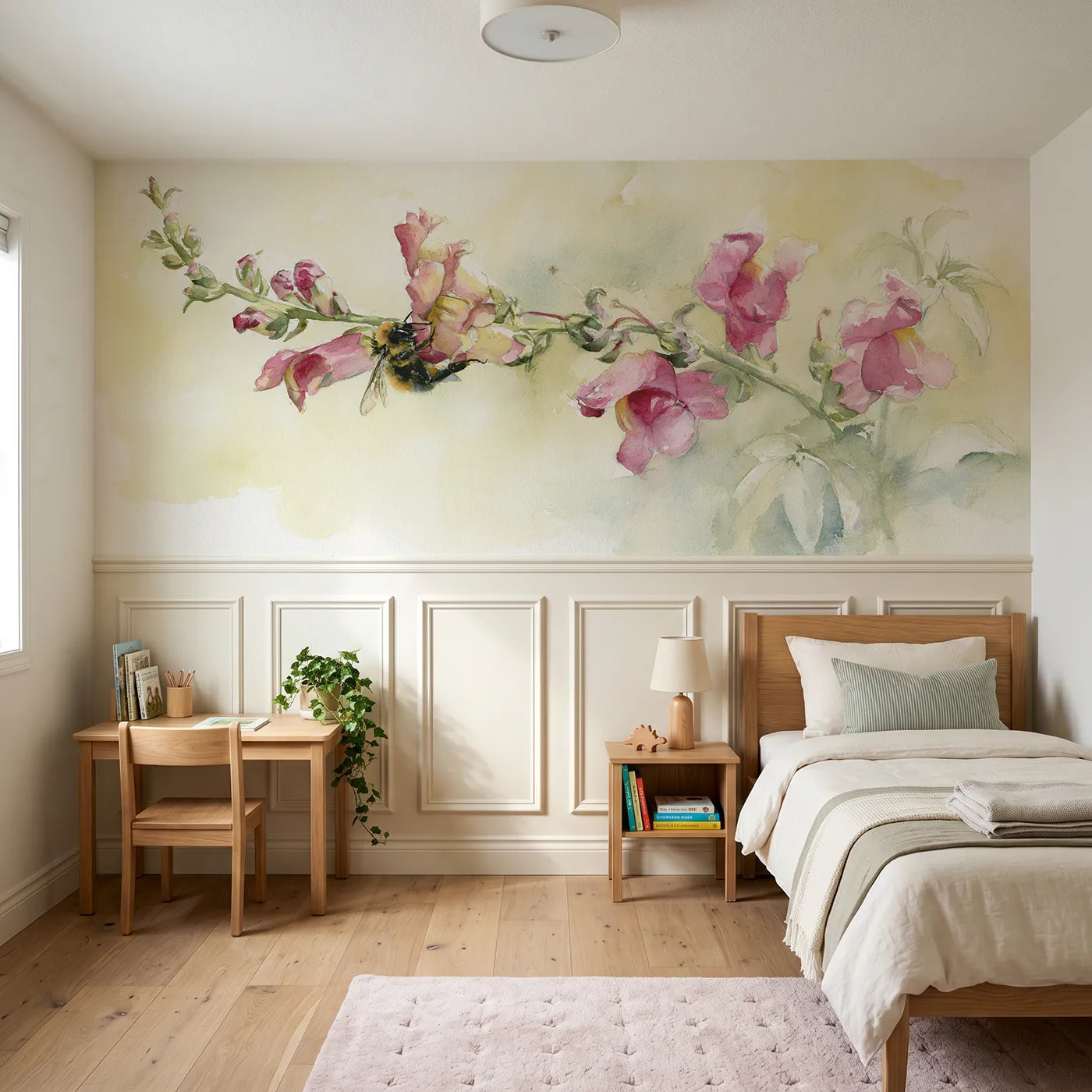 Watercolor wainscoting wallpaper of opening the snapdragon by Whimsy Tots