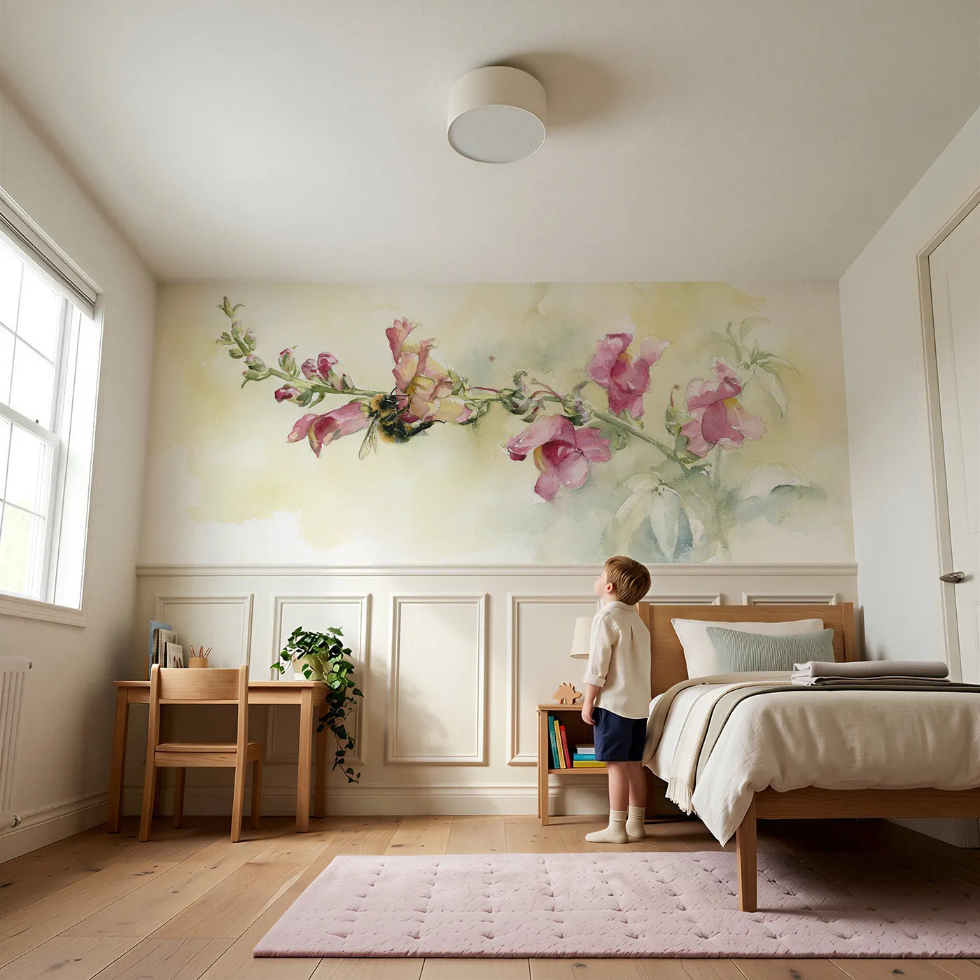 Child reading near Opening The Snapdragon Wainscoting Wallpaper by Whimsy Tots