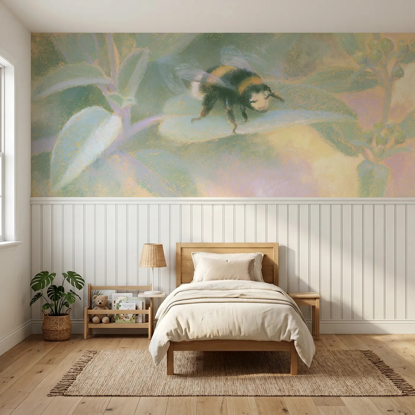 Soft pastel wainscoting wallpaper of warming up for flight by Whimsy Tots