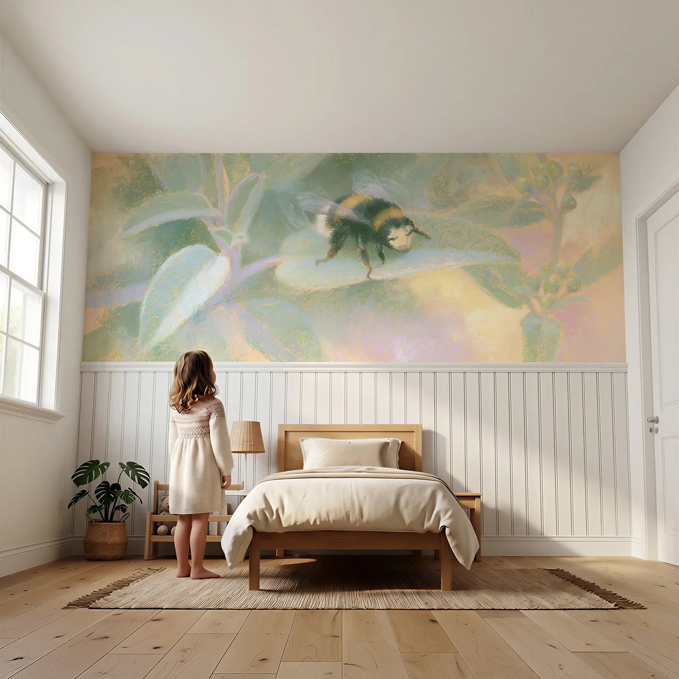 Child reading near Warming Up For Flight Wainscoting Wallpaper by Whimsy Tots