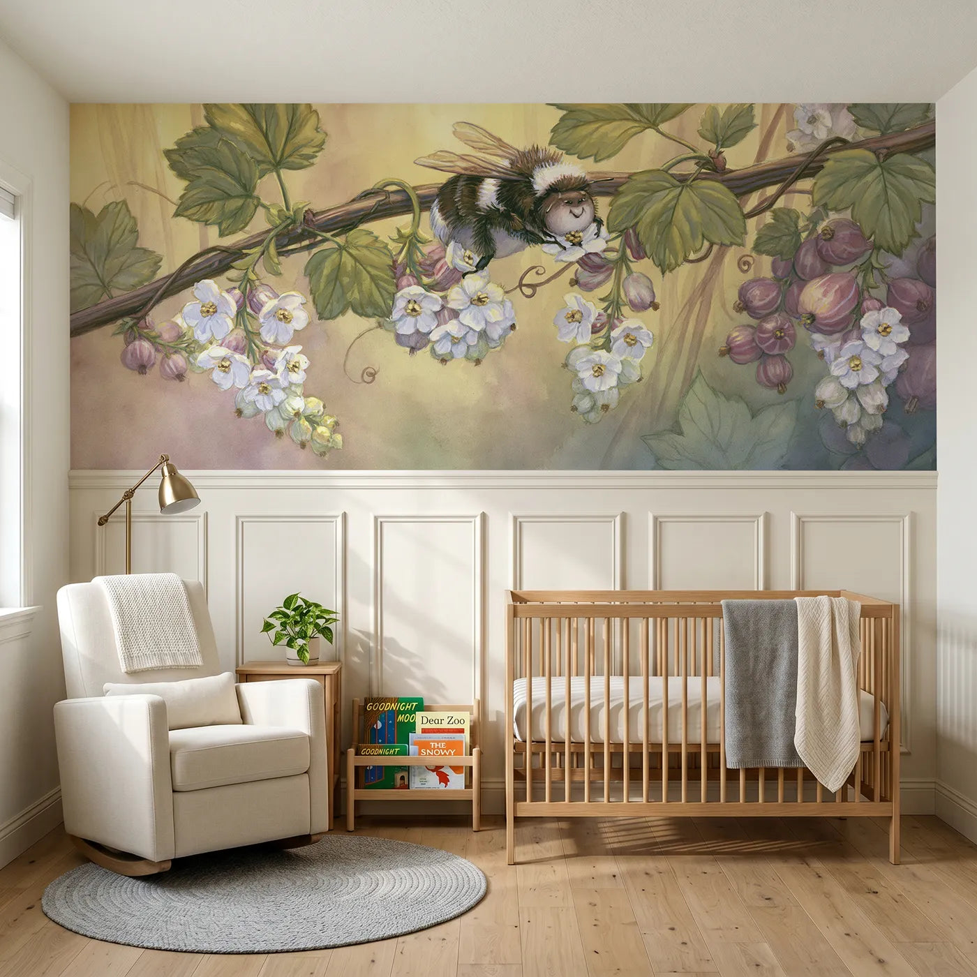 Storybook wainscoting wallpaper of bending the bloom by Whimsy Tots