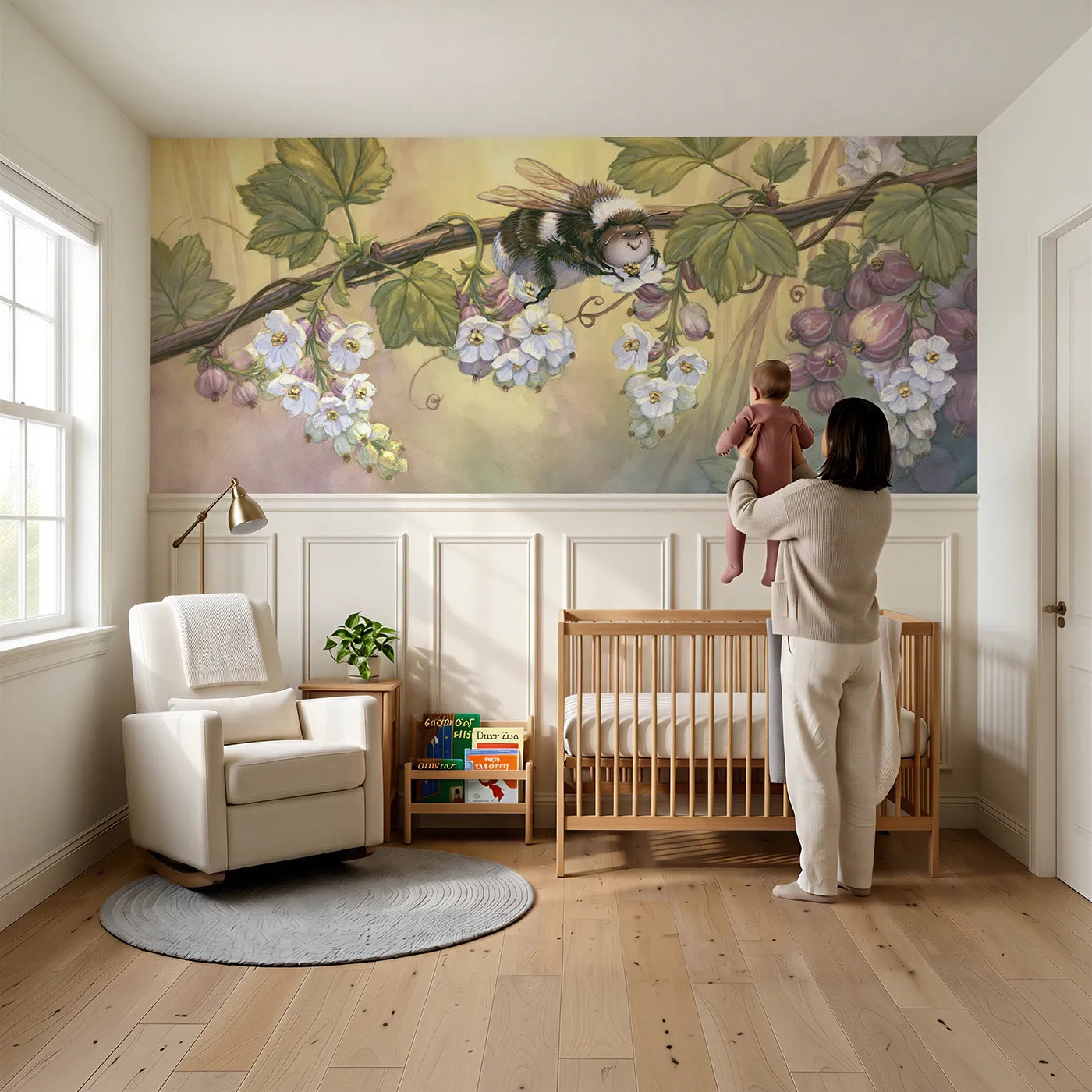 Child reading near Bending The Bloom Wainscoting Wallpaper by Whimsy Tots