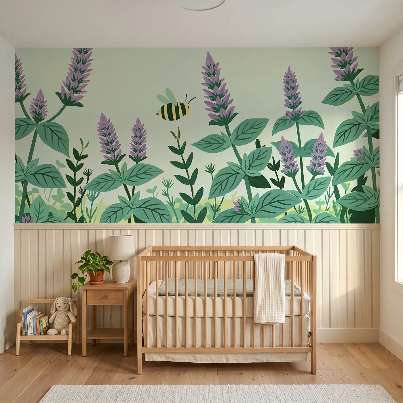 Modern illustration wainscoting wallpaper of the folk bee visiting by Whimsy Tots