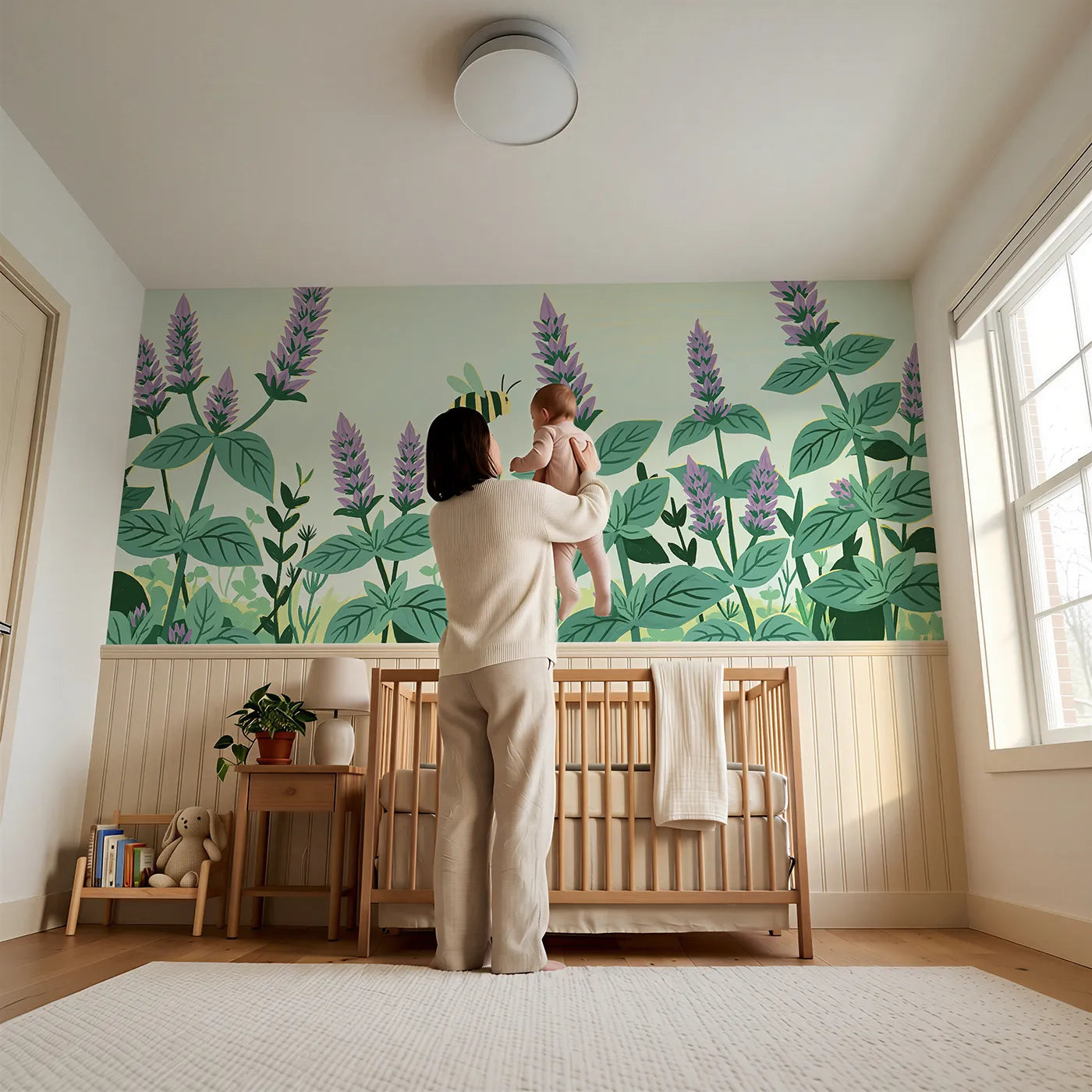 Child reading near The Folk Bee Visiting Wainscoting Wallpaper by Whimsy Tots