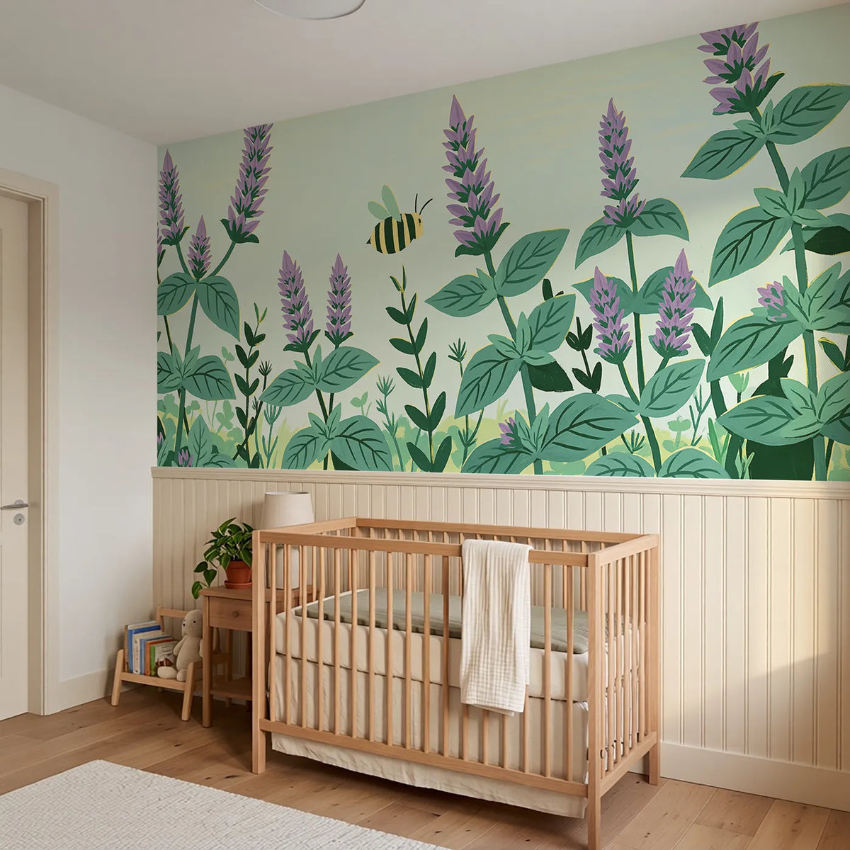 The Folk Bee Visiting Wainscoting Wallpaper styled in a kids room by Whimsy Tots
