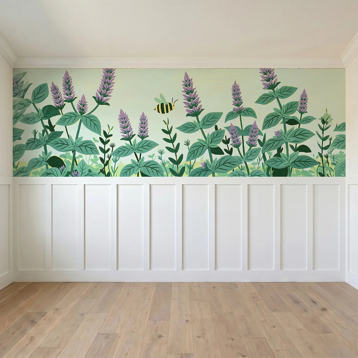 Full panel view of The Folk Bee Visiting Wainscoting Wallpaper by Whimsy Tots