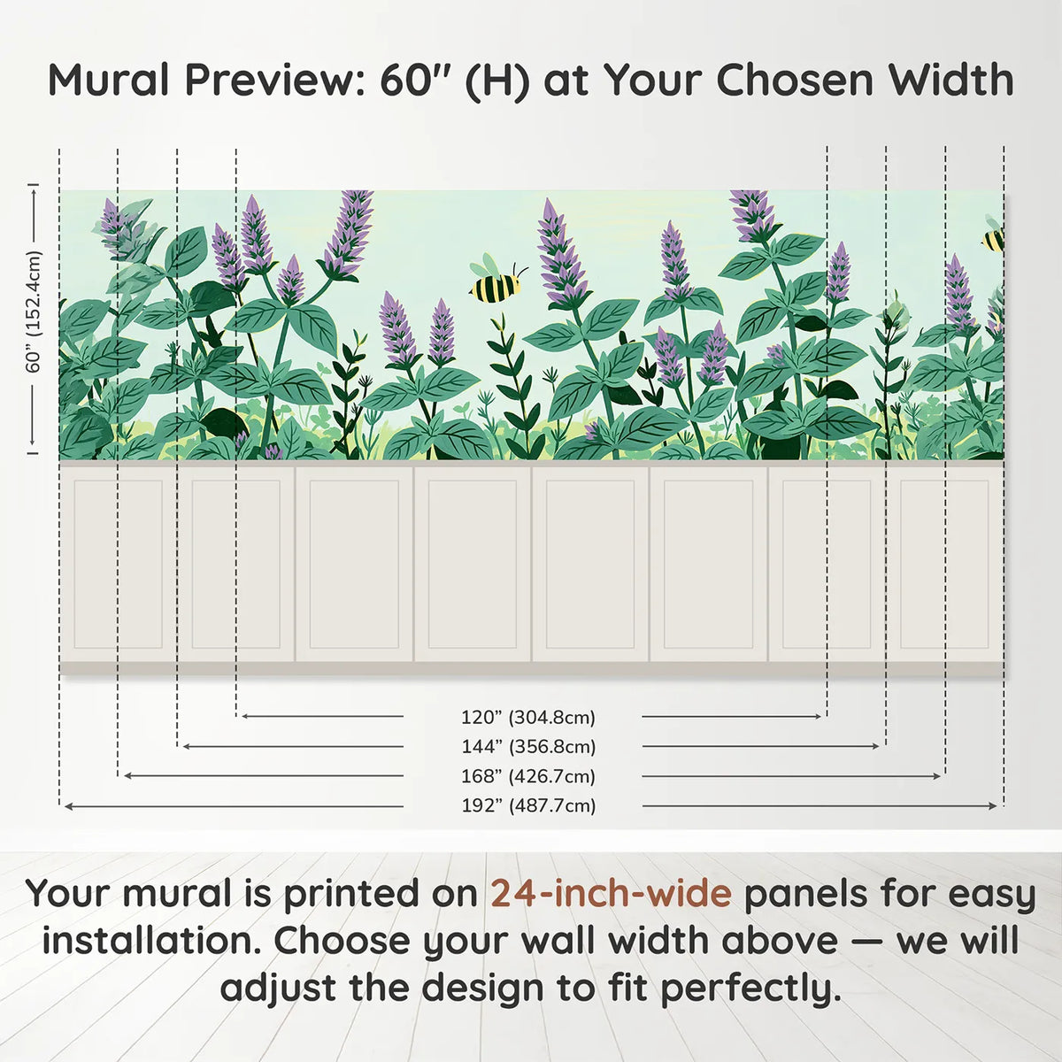 Panel dimensions for The Folk Bee Visiting Wainscoting Wallpaper by Whimsy Tots