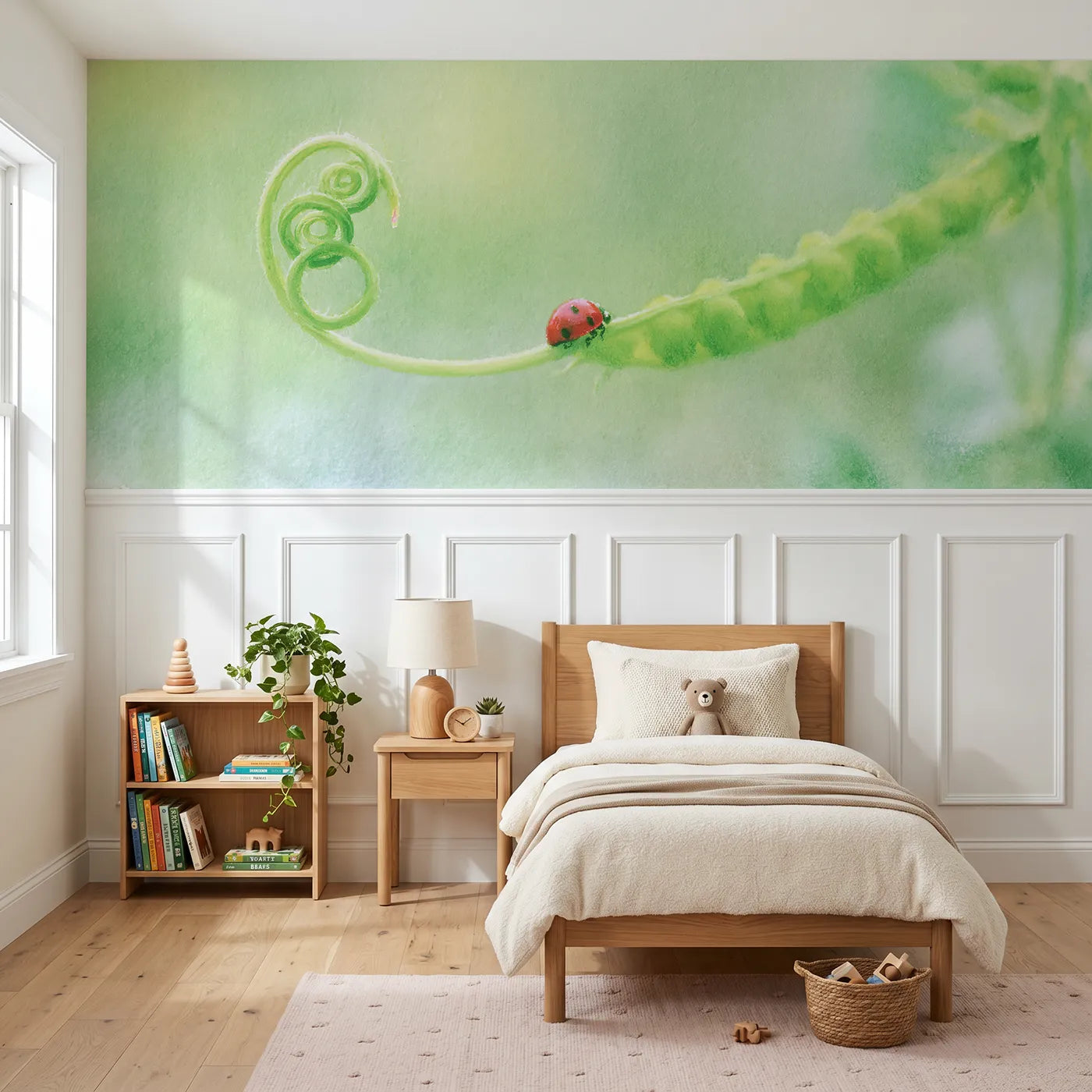 Soft pastel wainscoting wallpaper of up the pea spiral by Whimsy Tots