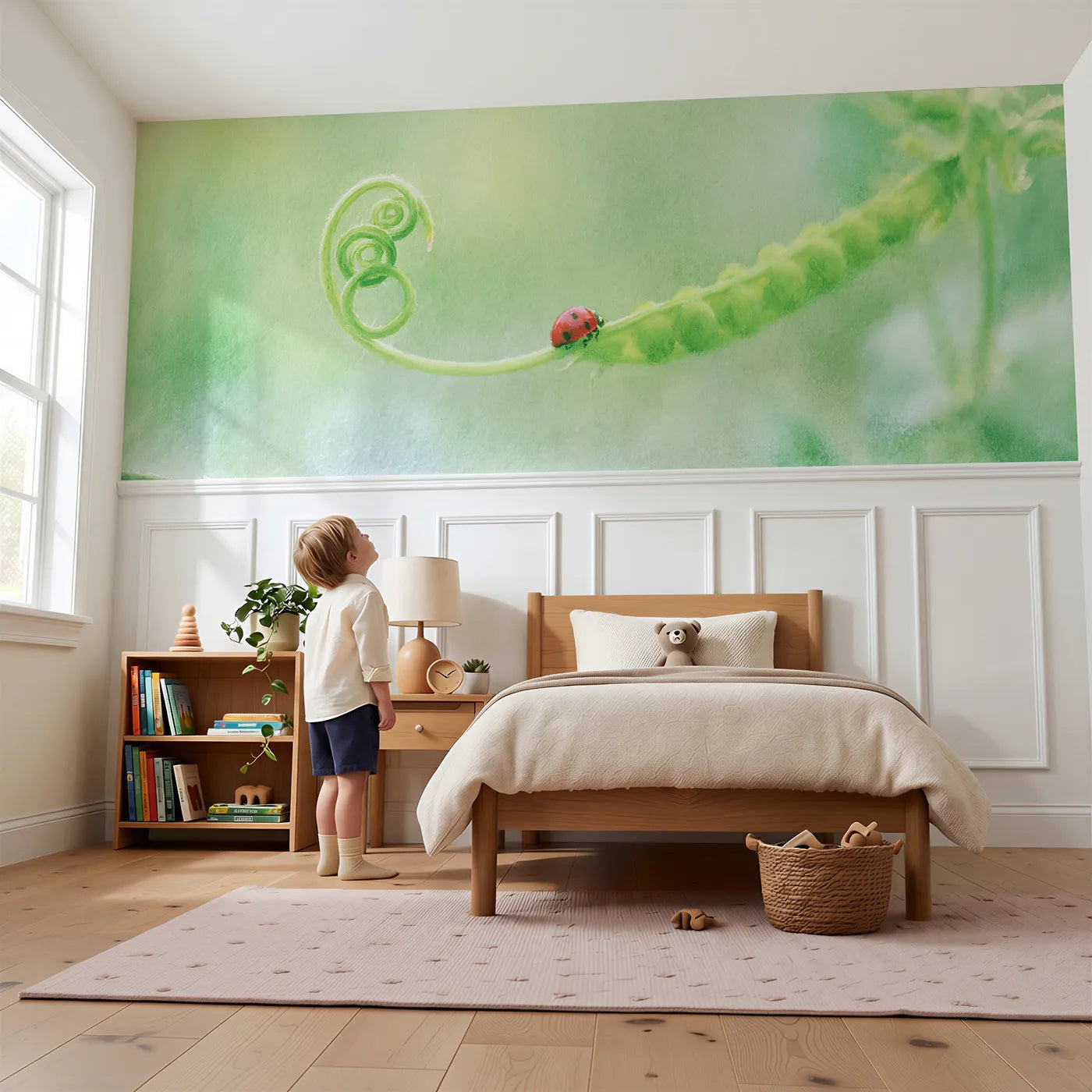 Child reading near Up The Pea Spiral Wainscoting Wallpaper by Whimsy Tots
