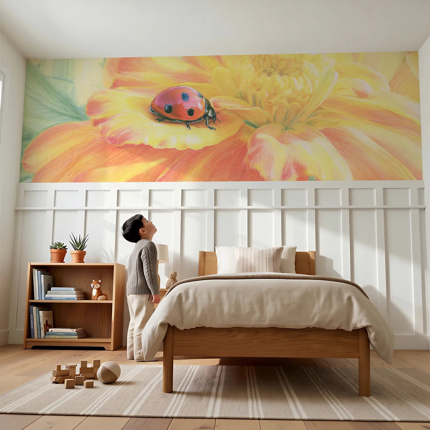 Child reading near Counting To Seven Wainscoting Wallpaper by Whimsy Tots