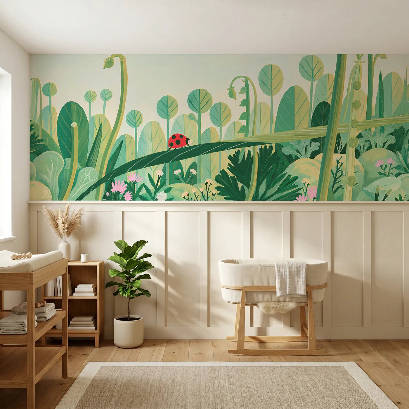 Modern illustration wainscoting wallpaper of the folk ladybird by Whimsy Tots