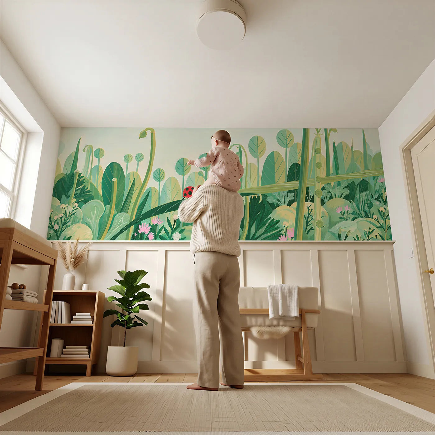 Child reading near The Folk Ladybird Wainscoting Wallpaper by Whimsy Tots