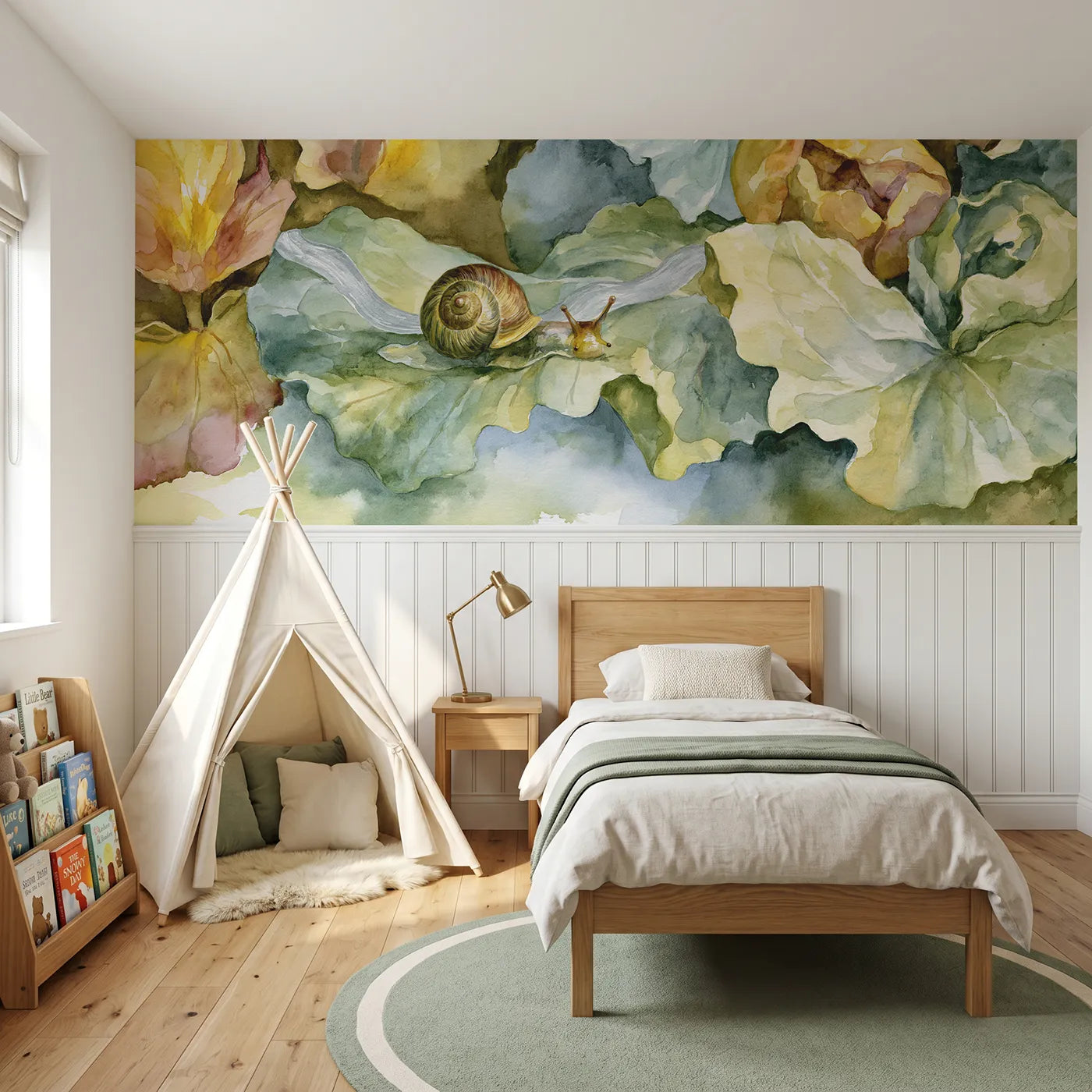 Watercolor wainscoting wallpaper of the silver trail behind by Whimsy Tots