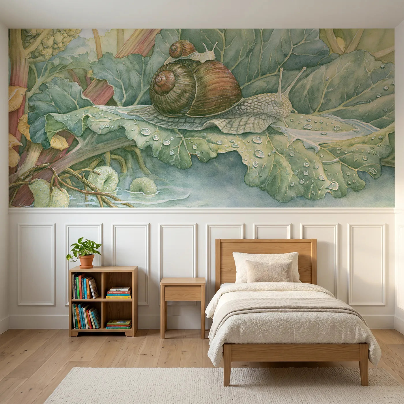 Storybook wainscoting wallpaper of riding the big snail by Whimsy Tots