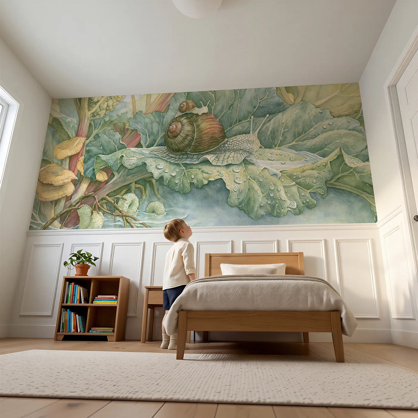 Child reading near Riding The Big Snail Wainscoting Wallpaper by Whimsy Tots