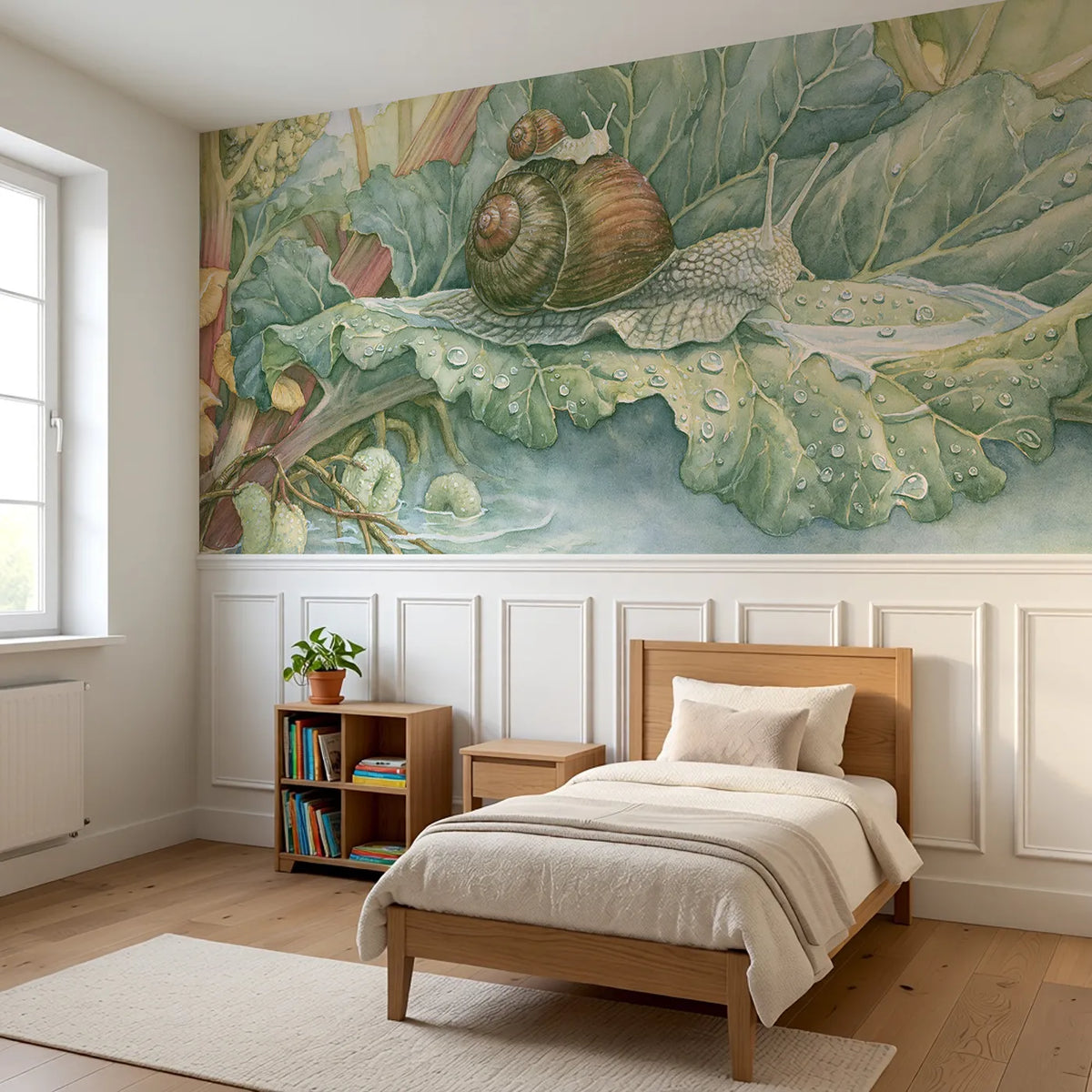 Riding The Big Snail Wainscoting Wallpaper styled in a kids room by Whimsy Tots
