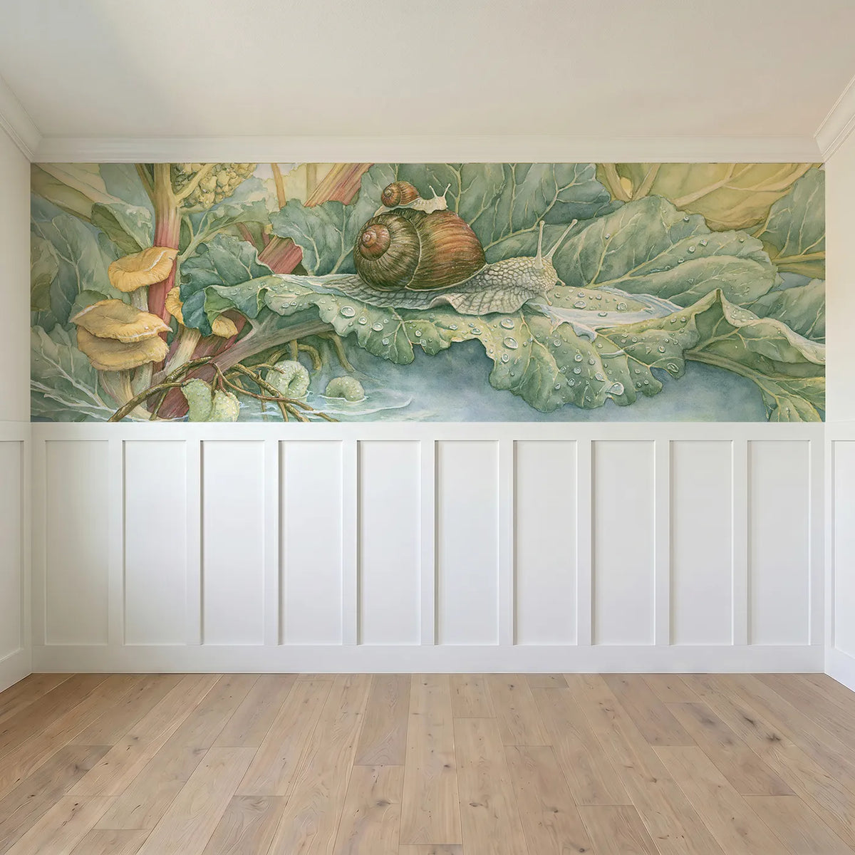 Full panel view of Riding The Big Snail Wainscoting Wallpaper by Whimsy Tots