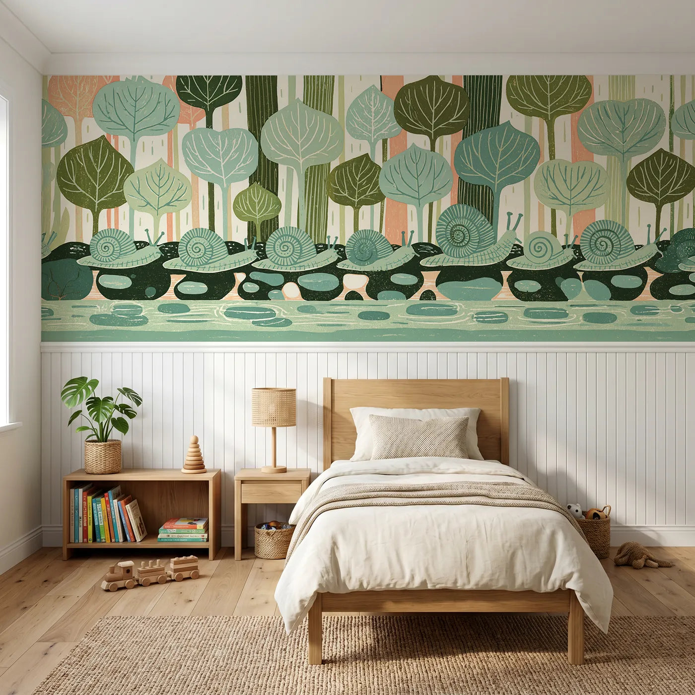 Block print wainscoting wallpaper of the slow file by Whimsy Tots