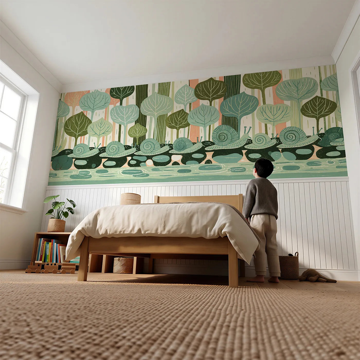Child reading near The Slow File Wainscoting Wallpaper by Whimsy Tots