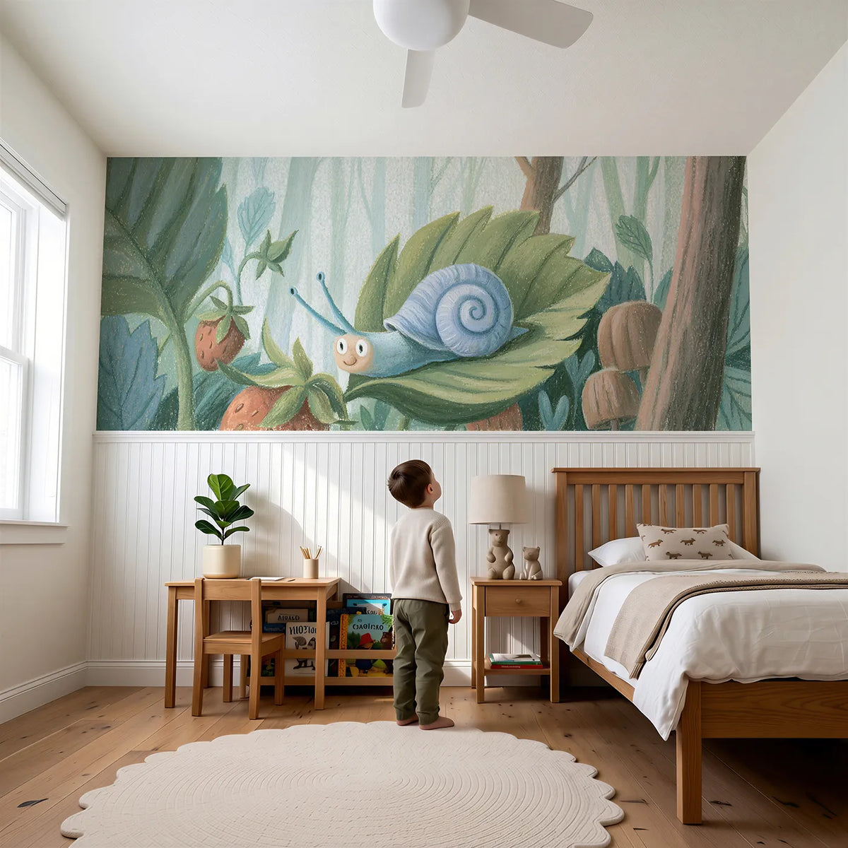 Child reading near Horns Out To The Morning Wainscoting Wallpaper by Whimsy Tots