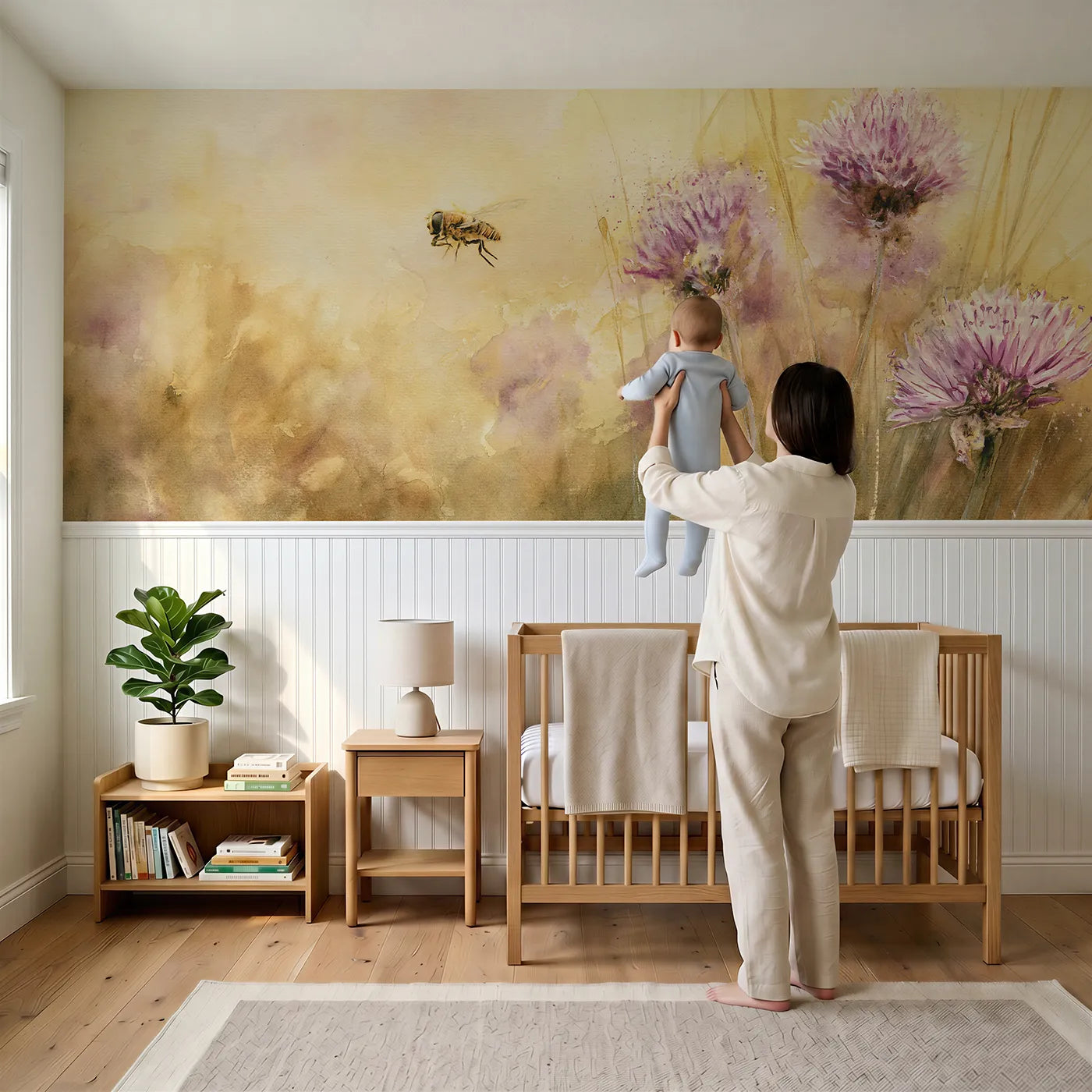 Child reading near Holding Still In Air Wainscoting Wallpaper by Whimsy Tots