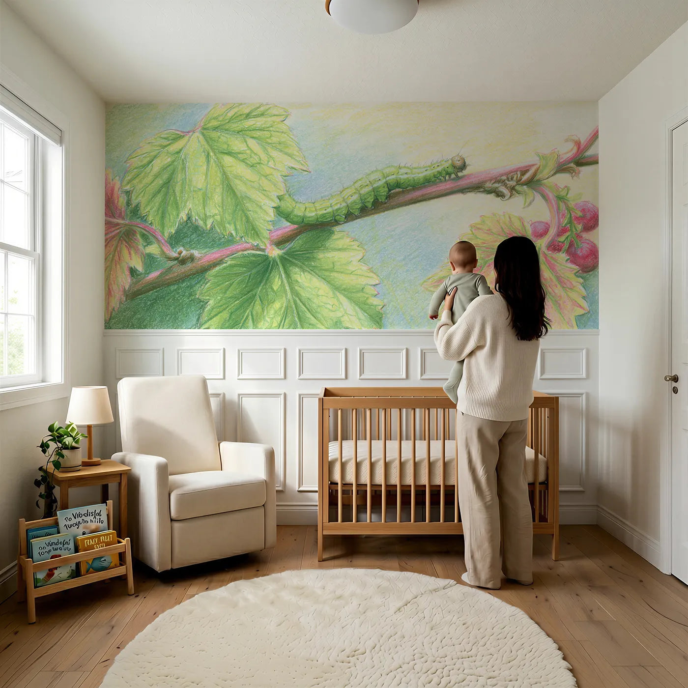 Child reading near Measuring The Stem Wainscoting Wallpaper by Whimsy Tots