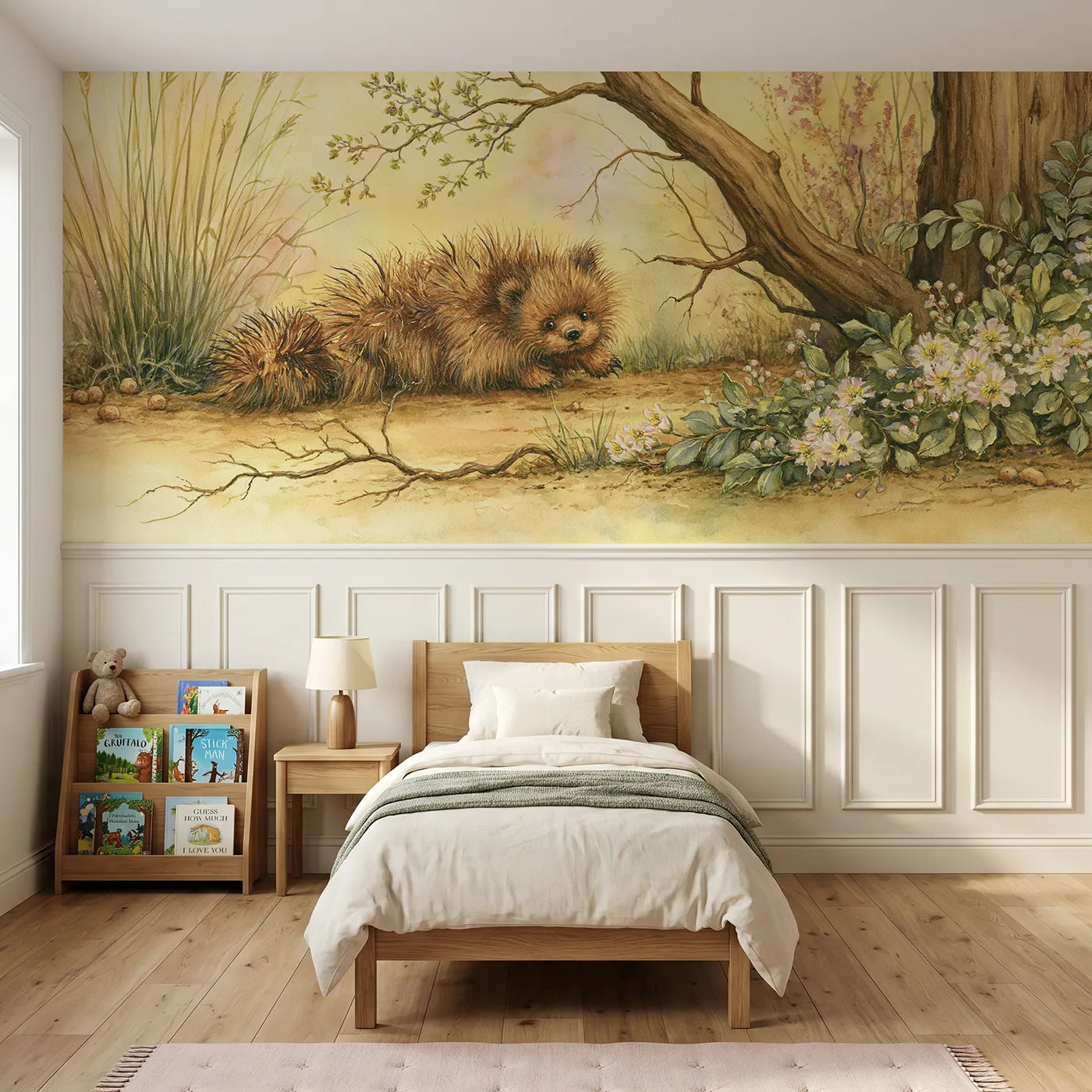 Storybook wainscoting wallpaper of the woolly bear hurrying by Whimsy Tots