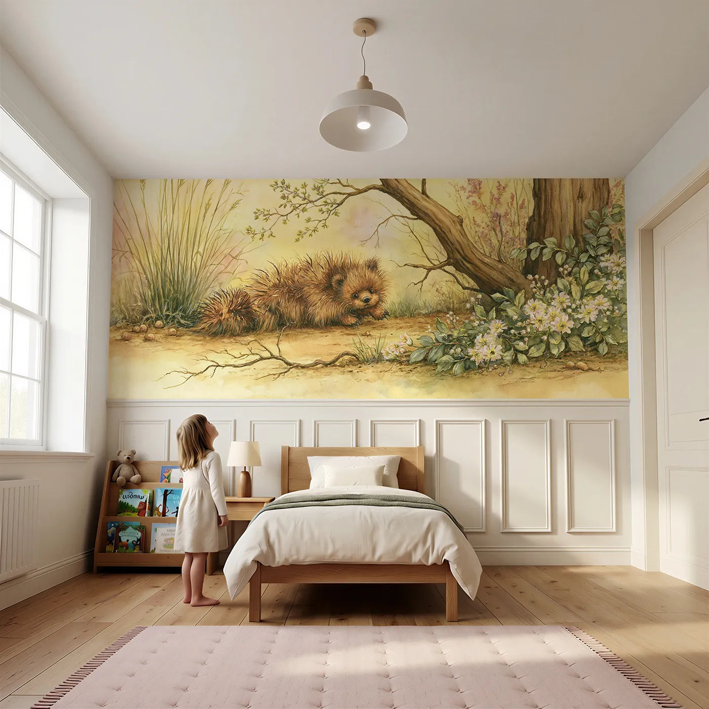 Child reading near The Woolly Bear Hurrying Wainscoting Wallpaper by Whimsy Tots