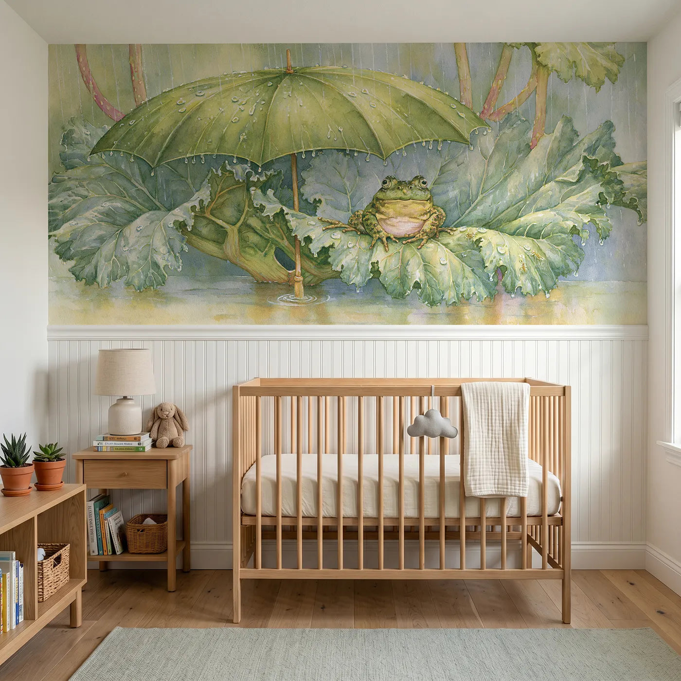 Storybook wainscoting wallpaper of under the rhubarb umbrella by Whimsy Tots